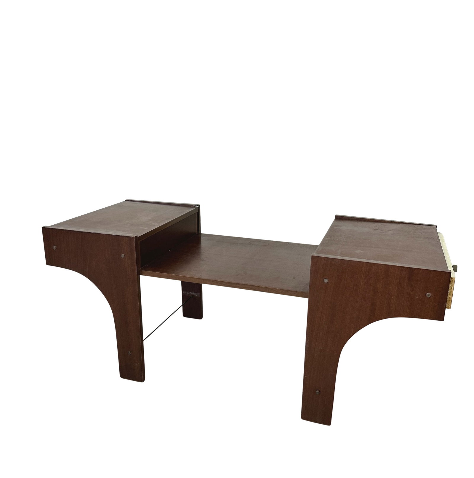ITALIAN SPACE AGE SIDE TABLE: Dimensions: H 18” x W 42.5” x D 18”. Italian Space Age two-tone side table with two side drawers, 1960s. Dimensions: (lower shelf) 14”.