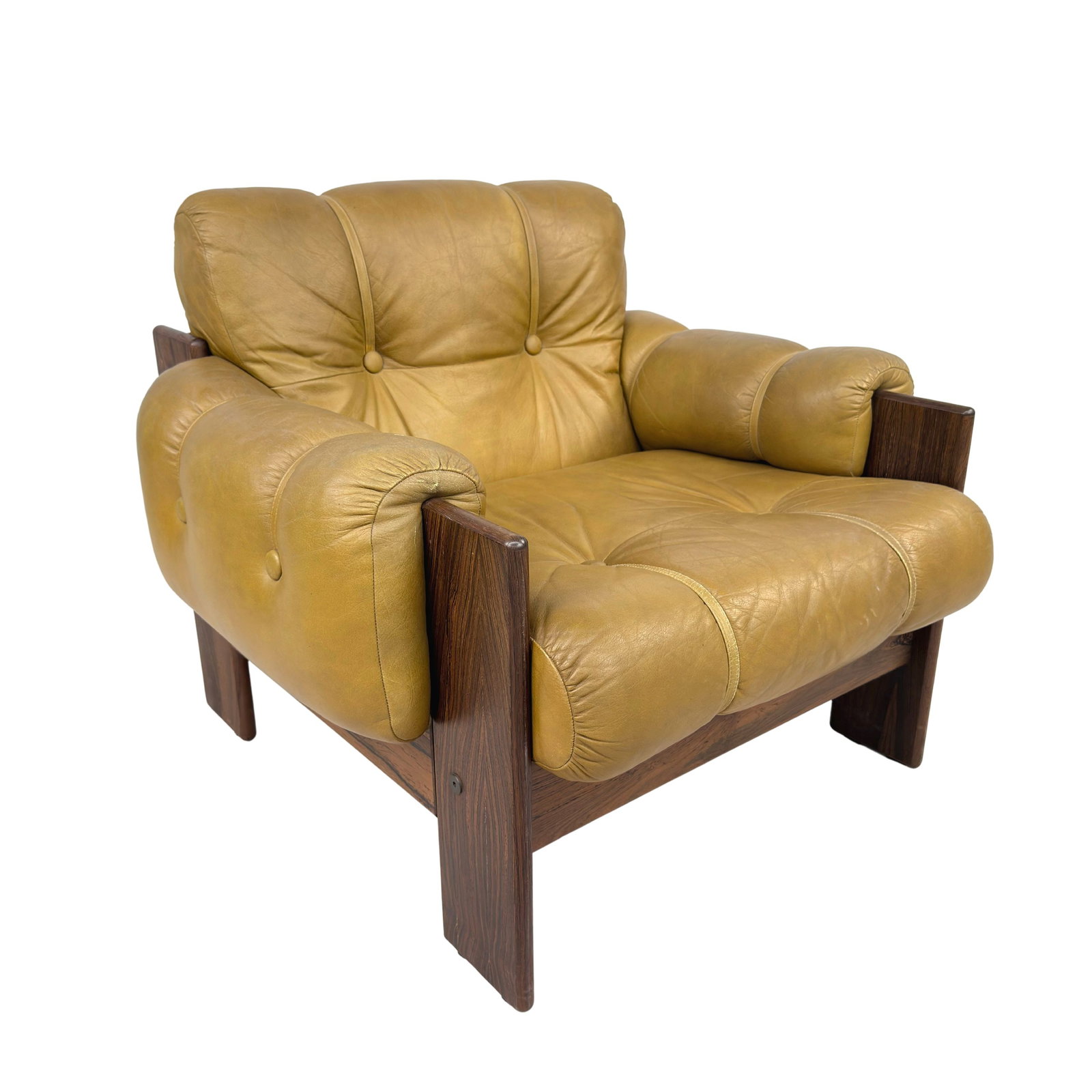 LEATHER LOUNGE CHAIR BY KALUSTEKIILA, FINLAND: Dimensions: H 29” x W 34.5” x D 34” x SH 17”. Vintage lounge chair by Kalustekiila with brown tufted leather loose padded cushions with dark wood frame, 1950s, Finland. Can be
