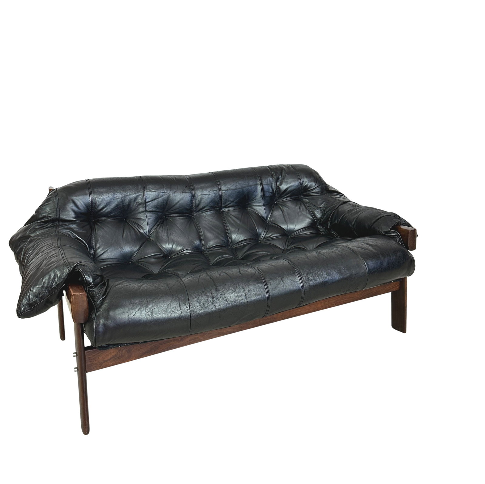 PERCIVAL LAFER LEATHER SOFA: Dimensions: H 24.5” x W 58” x D 33 ” x SH 17”. Vintage black leather two-seater sofa MP-41 by Percival Lafer for MP Lafer, crafted in the 1960s.