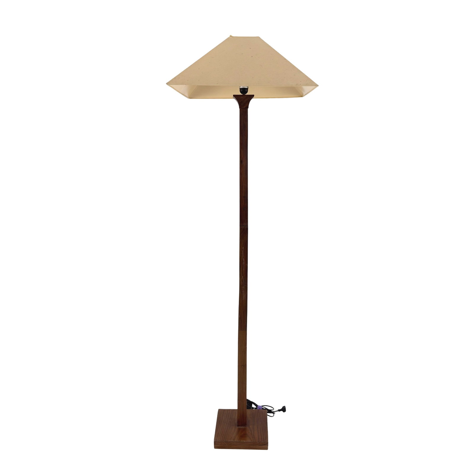 FRENCH FLOOR LAMP: Dimensions: H 65” x W 10.3”. Vintage French floor lamp with wooden base and beige fabric lampshade.