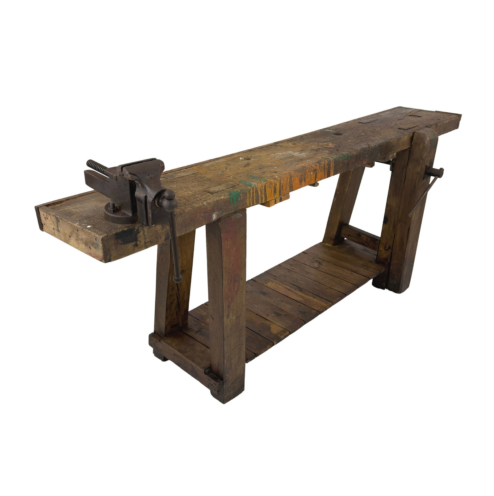 ANTIQUE CARPENTERS WORK TABLE: Dimensions: H 32.5” x W 80.5” x D 13.5”. Antique handcrafted carpenter’s workbench.