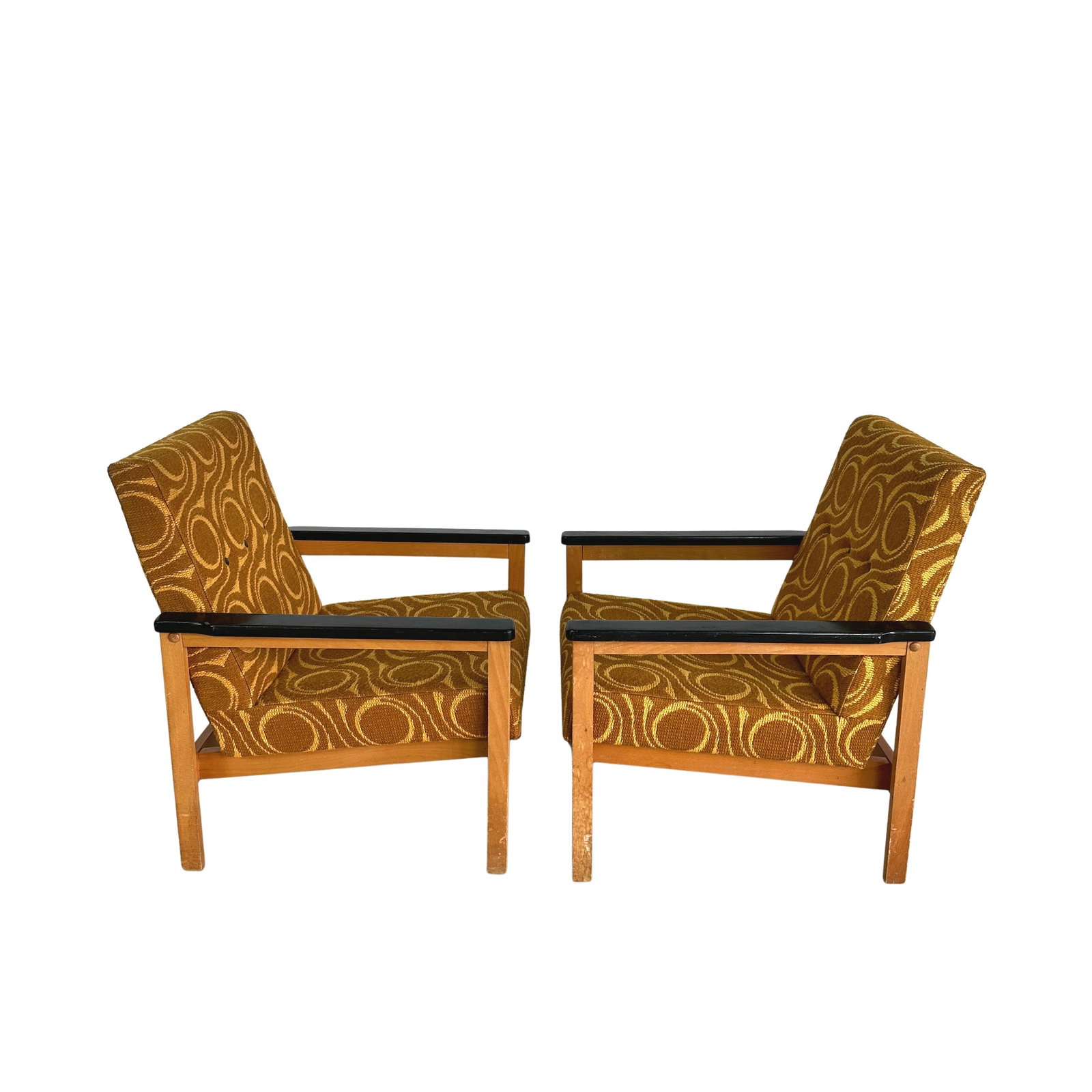 SCANDINAVIAN ART DECO ARMCHAIRS, A PAIR: Dimensions: H 31” x W 24.5” x D 25” x SH 15.5”. Pair of Vintage Scandinavian Art Deco armchairs in original brown and yellow geometric patterned fabric.