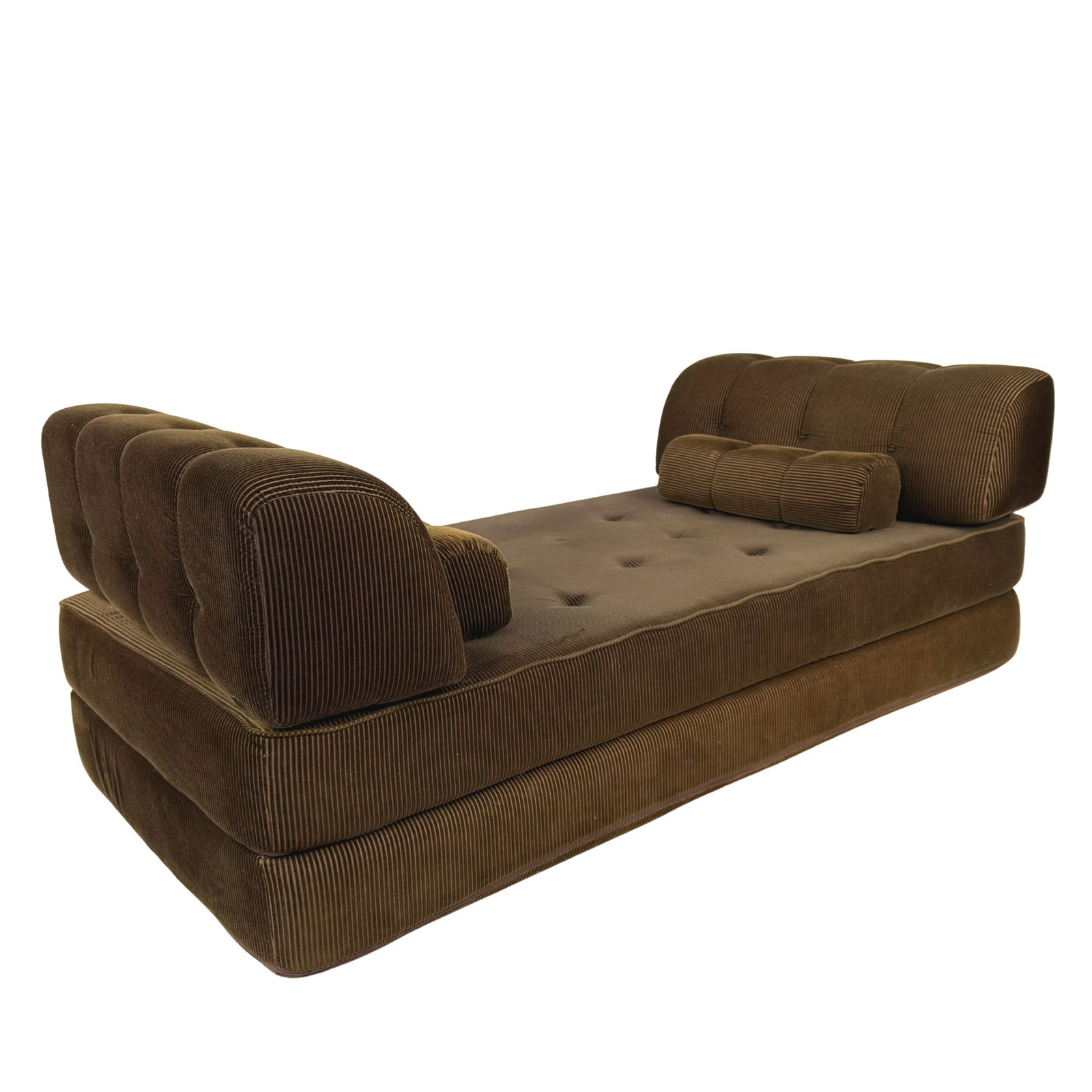 GERMAN SPACE AGE SOFA: Dimensions: H 28” x W 77” x D 35.5”. Vintage German lounge sofa / daybed in brown fabric with 4 pillows.