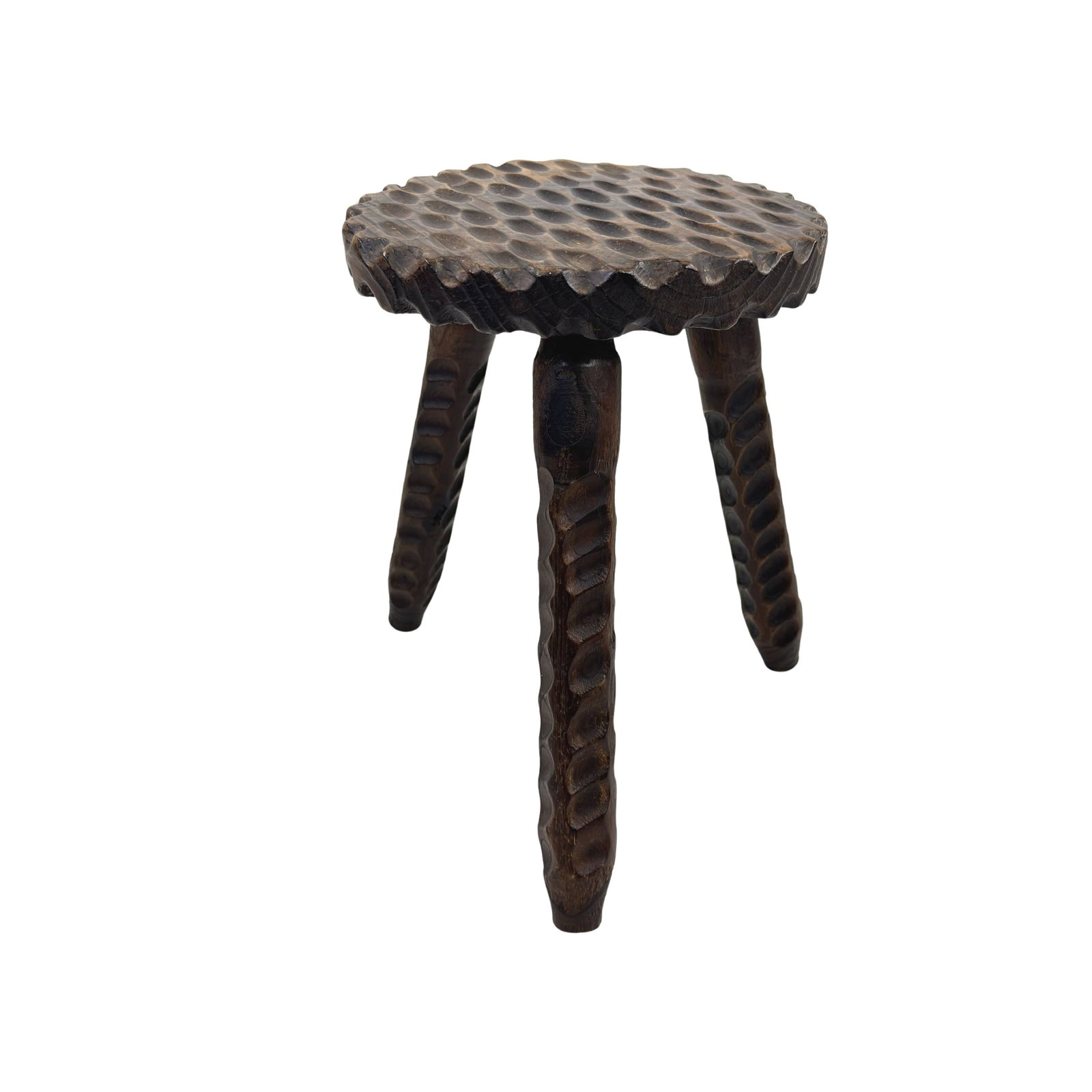 VINTAGE BRUTALIST TRIPOD STOOL: Dimensions: H 16" x W 12". Vintage hand carved wooden tripod stool.
