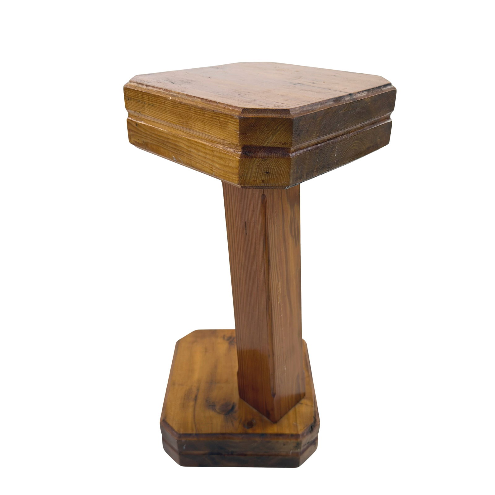 ART DECO PLANT STAND: Dimensions: H 18.5” x W 8”. Vintage Art Deco wooden plant stand with geometric design.