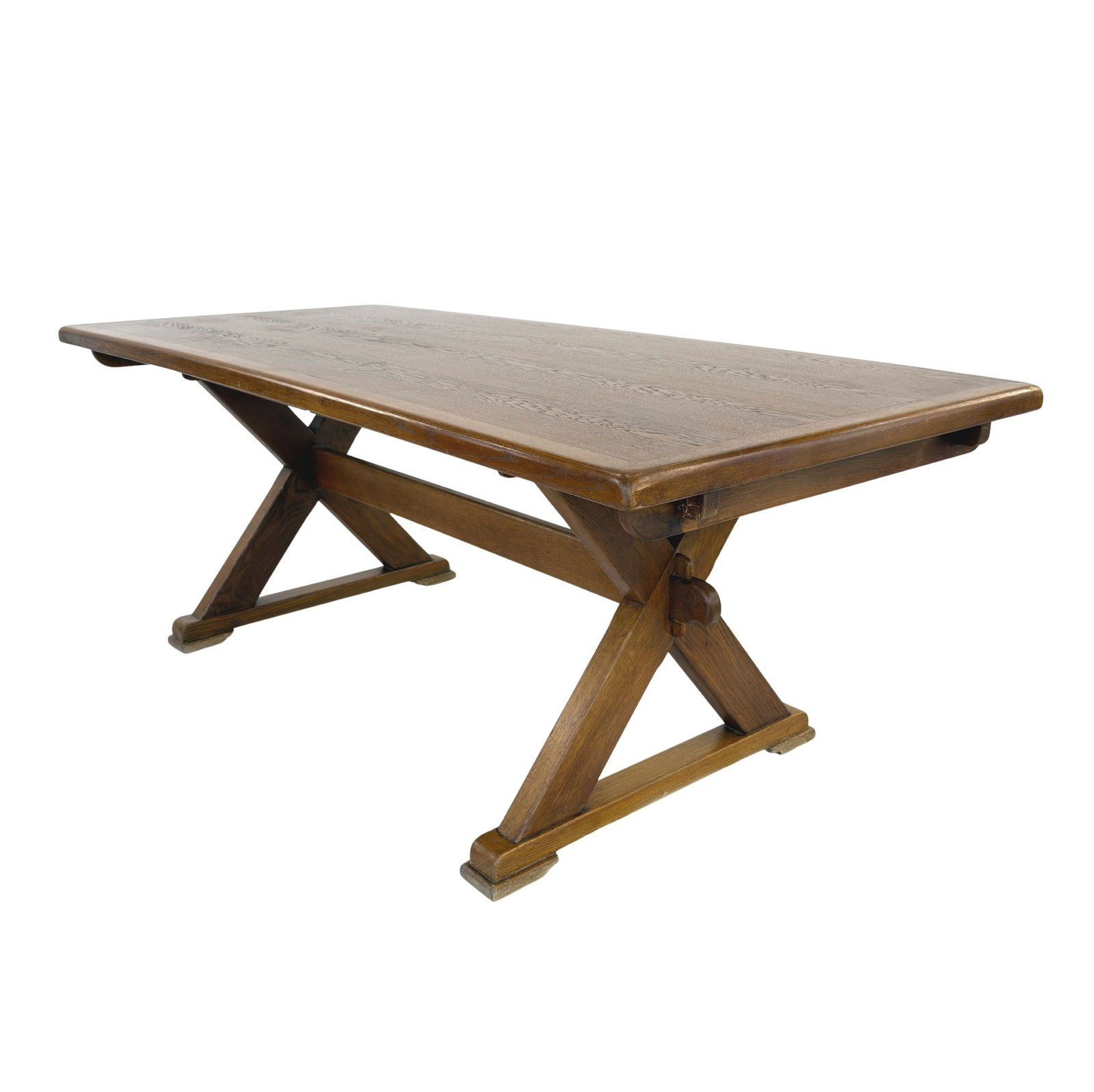 BRUTALIST DUTCH EXTENDABLE DINING TABLE: Dimensions: H 29.5” x W 78” x D 35.5”. Vintage Dutch brutalist extendable oak dining table with X frame legs. Dimensions: (extended) W 118".