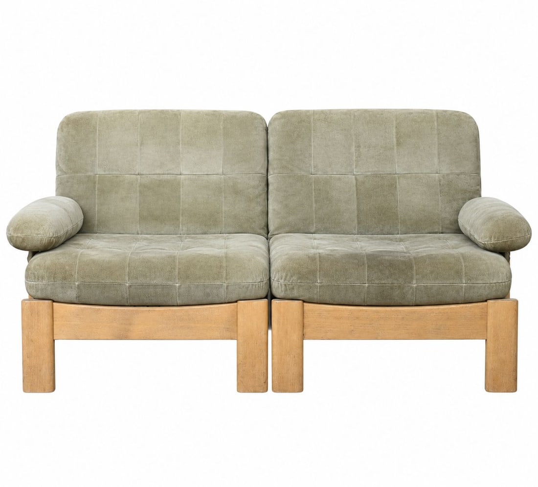 BRUTALIST MODULAR SOFA BY ROLF BENZ: Dimensions: H 32.6” x W 31.4” x D 31.1” x SH 15.7”. Vintage German Brutalist modular sofa with loose padded cushions in green suede upholstery, consist of 2 pc. Dimensions are