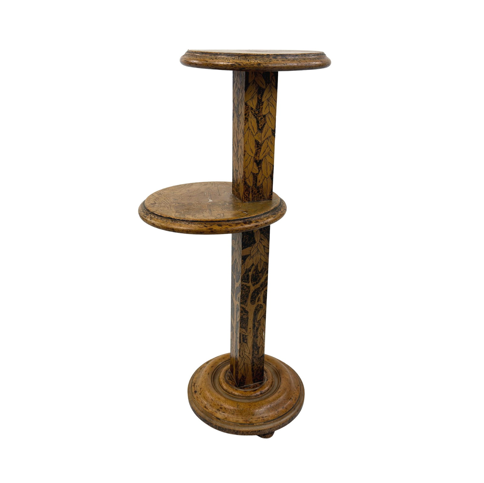 VINTAGE WOODEN PLANT STAND: dimensions: H 26.7” x W 9”. Vintage two-tier inlaid wood plant stand / display pedestal.
