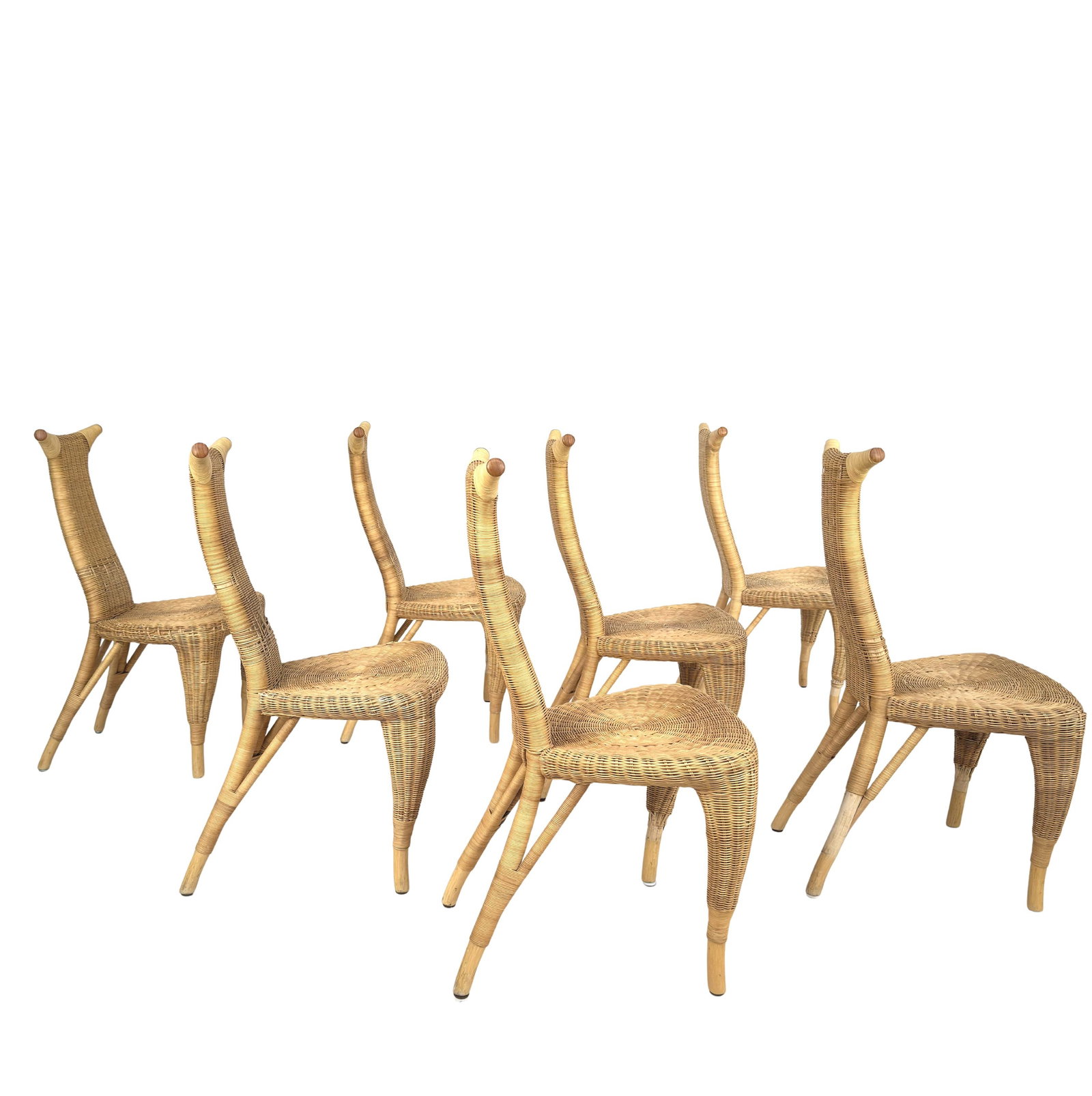 (7) MARCO AGNOLI FOR PIERANTONIO BONACINA DINING CHAIRS: Dimensions: H 37.5” x W 19” x D 21 ” x SH 17.7”. Set o7 Vintage rattan and wicker dining chairs “Carmen ” designed by Marco Agnoli for Pierantonio Bonacina in the