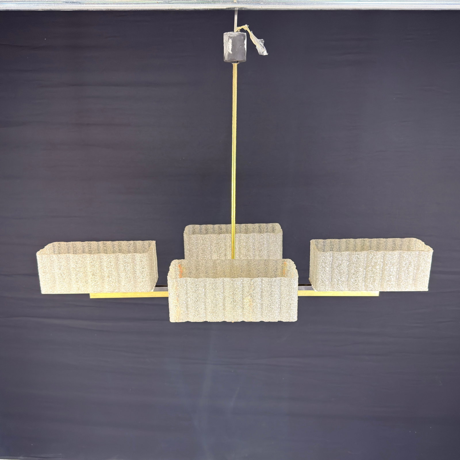 PAQUEBOT CHANDELIER BY MAISON ARLUS: Dimensions: H 26” x W 41 ”. Vintage designer chandelier “Paquebot ” from Maison Arlus with 4 rectangular lampshades in granite resin.