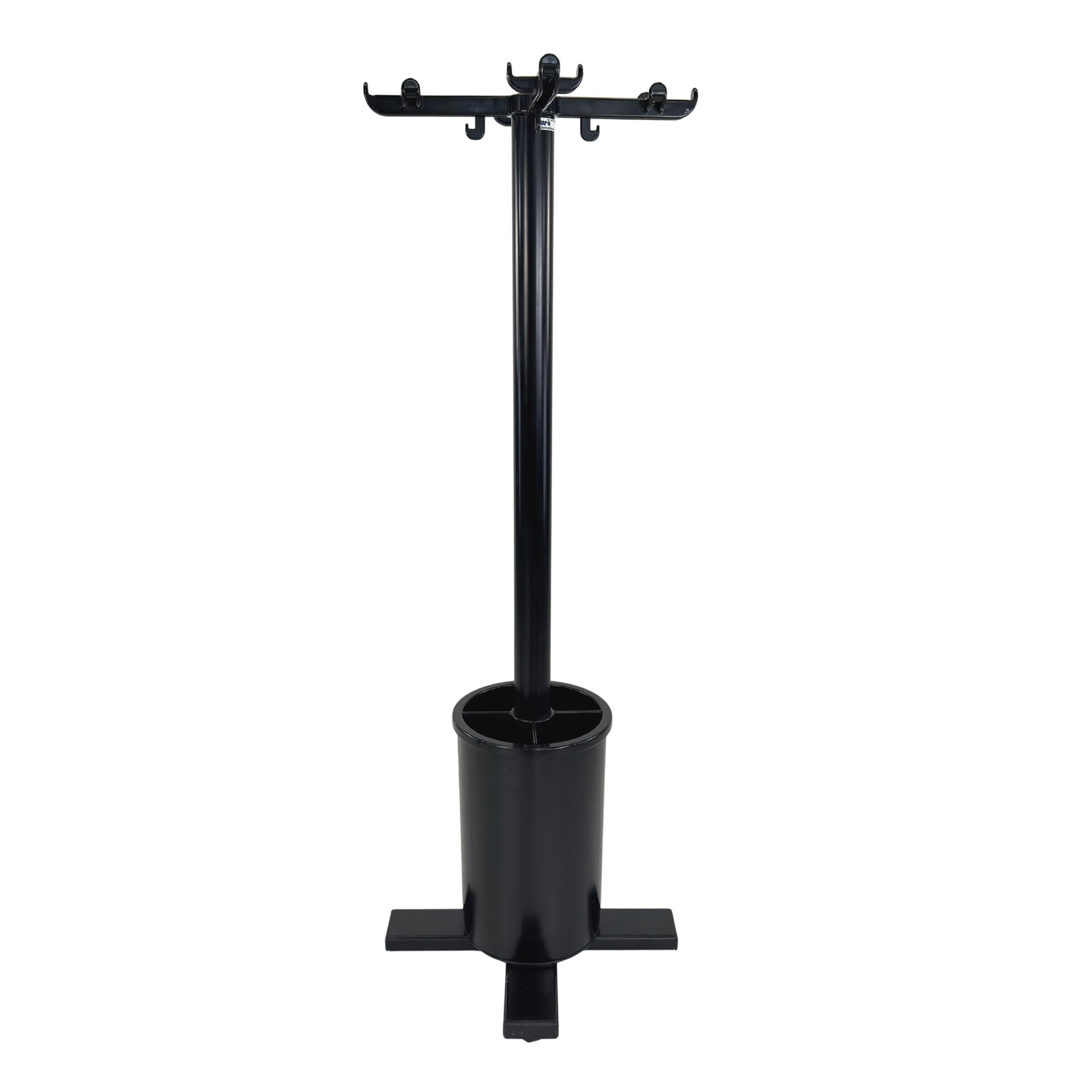 SPACE AGE COAT RACK BY ETTORE SOTTSASS: Dimensions: H 63.3” x W 23”. Vintage Space Age black coat rack with umbrella stand designed by Ettore Sottcass for Olivetti Synthesis in the 1970s.