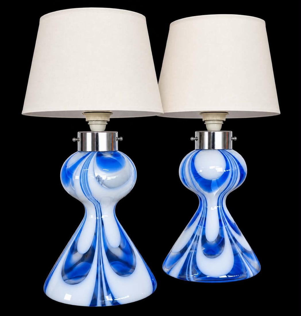ITALIAN MURANO TABLE LAMPS, A PAIR: Dimensions: H 11.8". Pair of Vintage Italian blue and white Murano glass table lamps. Dimensions approx. Lampshades not included.