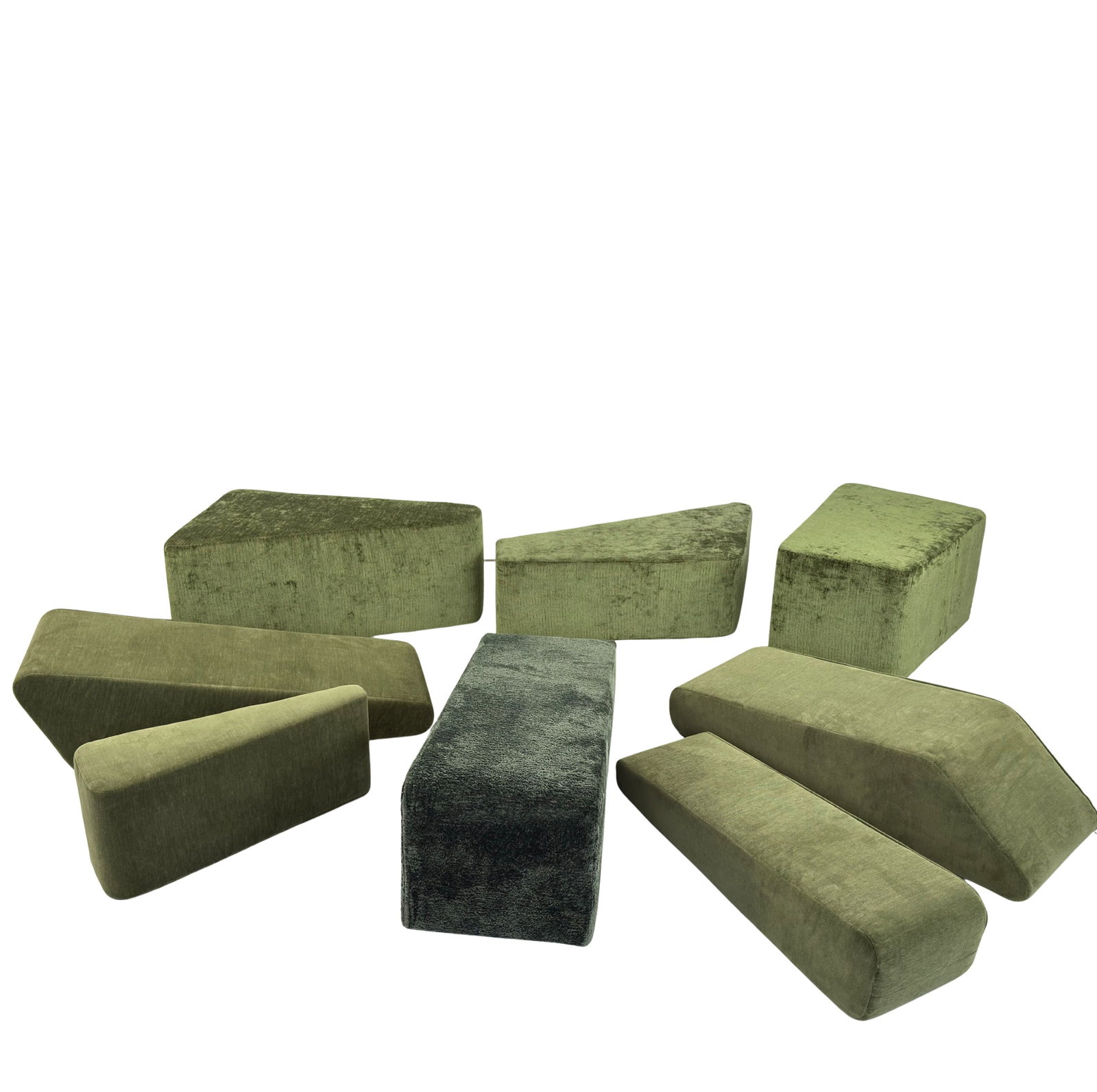 (8) VINTAGE MODULAR LOUNGE SET: Dimensions: W 42.5” x D 16”. Vintage modular lounge set in green velvet fabric, consist of 8 geometric randomly arranged elements. Dimensions: W 39” x D 23”/ W 37.5” x D