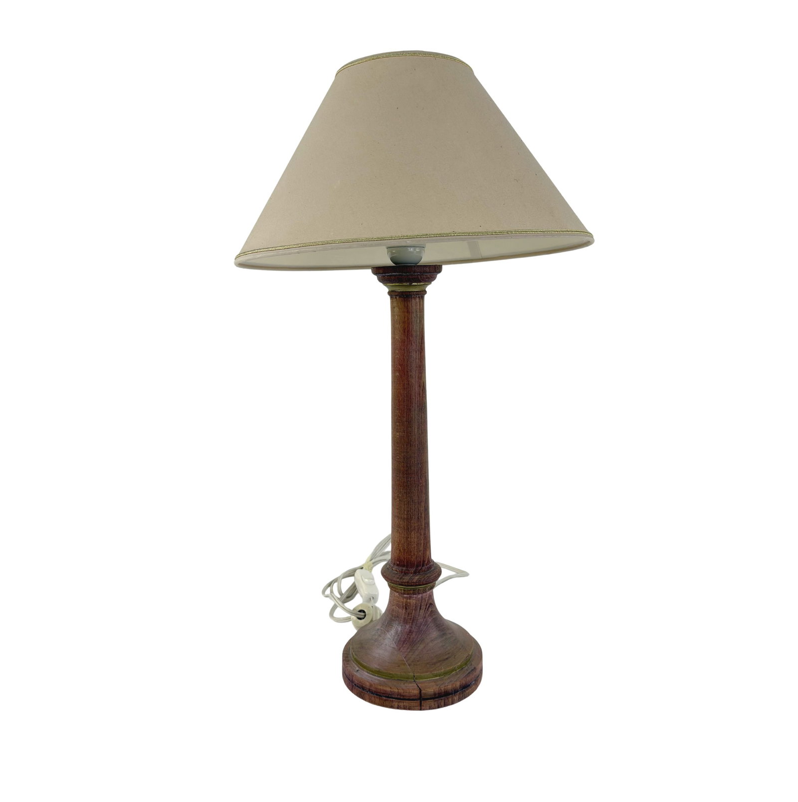 VINTAGE TABLE LAMP: Dimensions: H 24.5” x W 6”. Vintage turned wood table lamp with light beige fabric lampshade.
