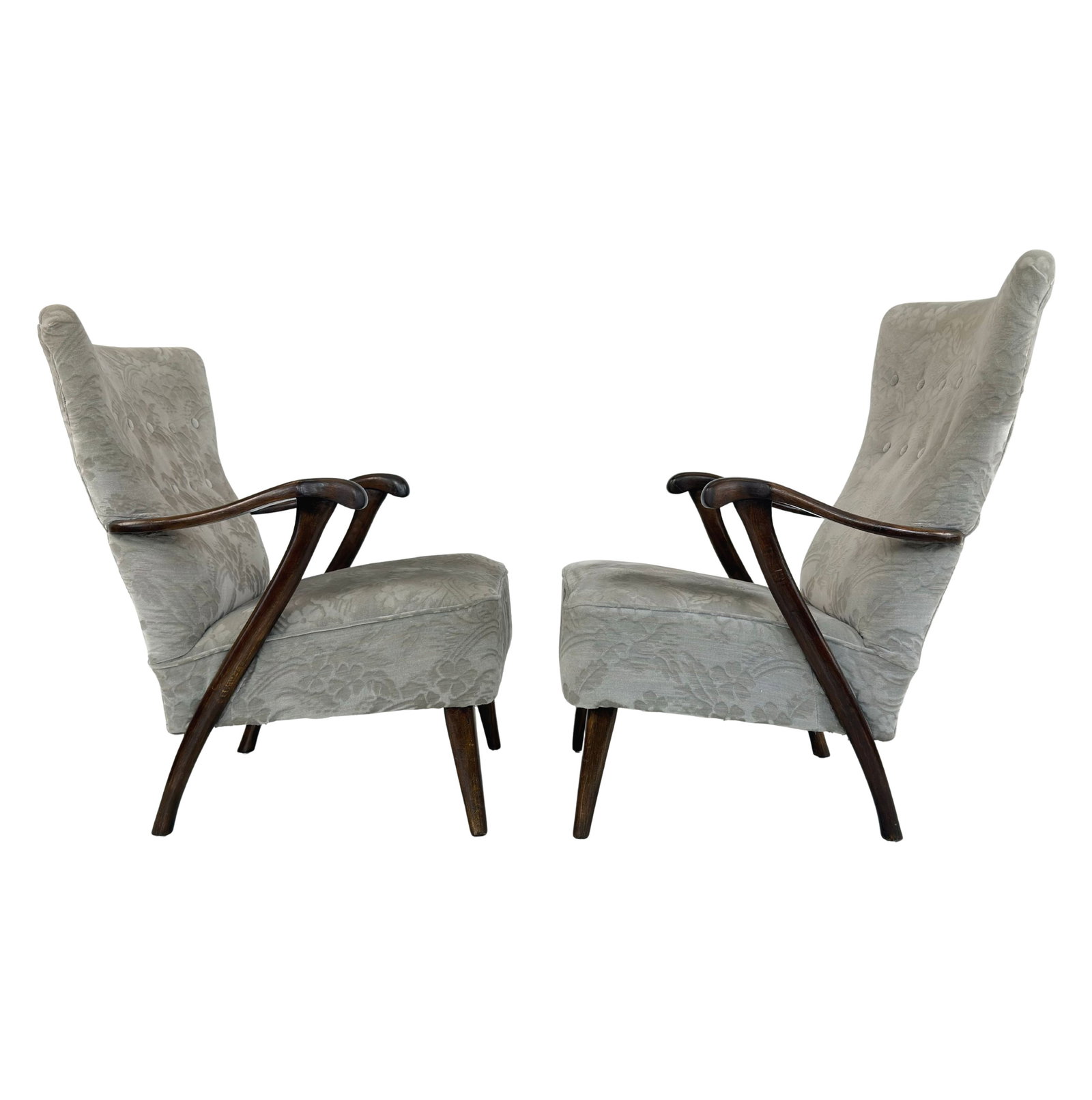 DANISH WINGBACK ARMCHAIRS, A PAIR: Dimensions: H 37.5” x W 24.5” x D 32” x SH 16.5”. Pair of Vintage Danish wingback His and Hers armchairs with light gray fabric and dark wood frame. Dimensions: (Hers chair) H
