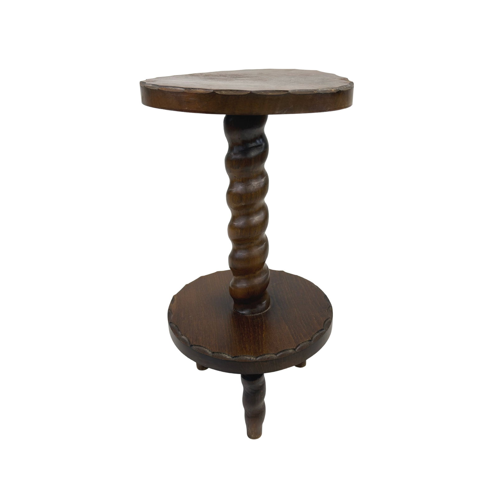 VINTAGE BARLEY TWIST SIDE TABLE: Dimensions: H 22” x W 12”. Vintage carved wood barley twist side pedestal table.