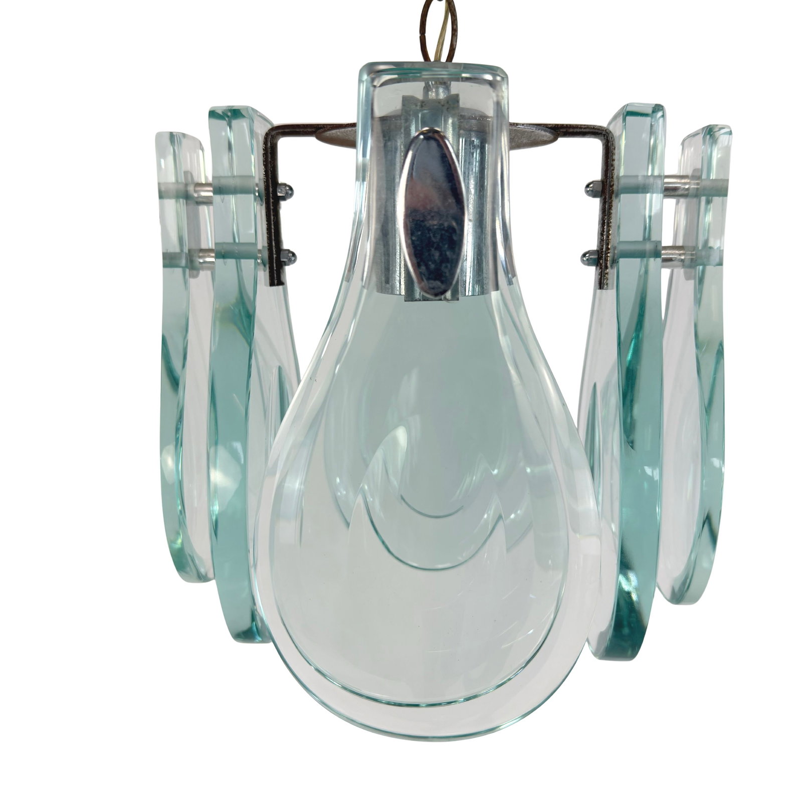 ITALIAN DESIGNER CHANDELIER: Dimensions: H 10” x W 10”. Vintage Italian chrome and thick glass pendant light attr. to Veca from the 1960s. Dimensions are for the glass pendants.