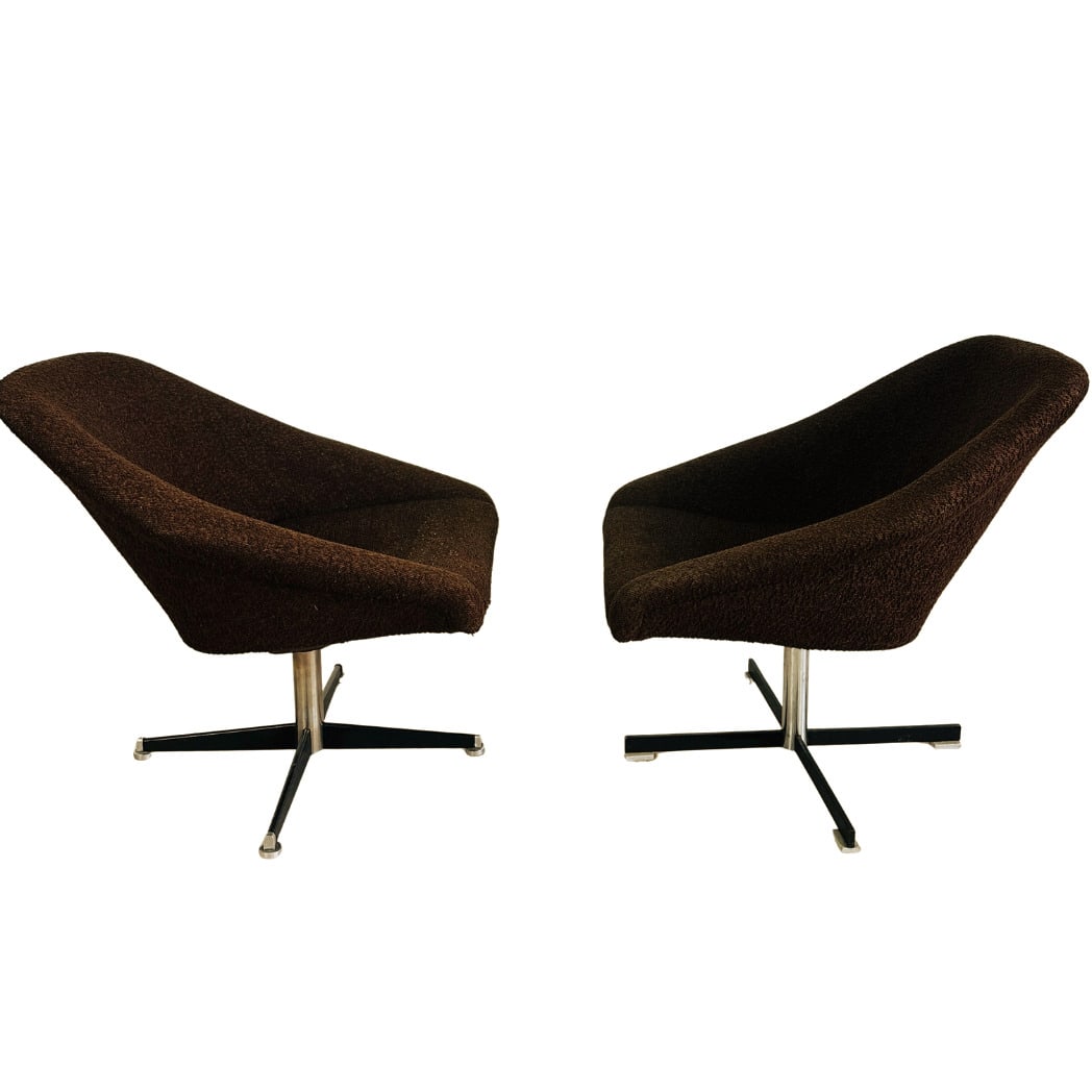 DANISH SWIVEL ARMCHAIRS, A PAIR: Dimensions: H 29 ” x W 26” x D 27” x SH 15.5”. Pair of Vintage Danish swivel egg chairs from the 1970s, upholstered in brown textured fabric.