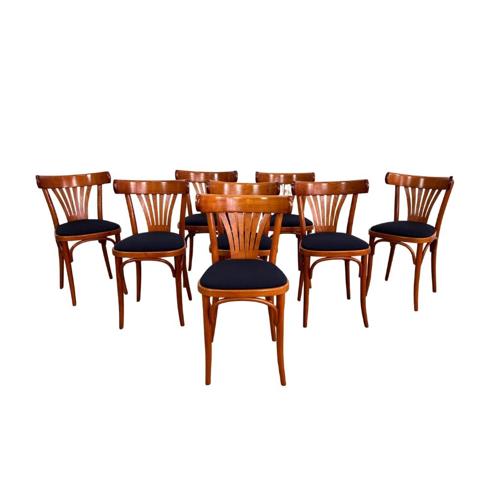 (8) FRENCH BISTRO CHAIRS MANNER OF THONET: Dimensions: H 30.3” x W 15.5” x SD 16.5” x SH 19.3”. Set of 8 Vintage bentwood Bistro chairs manner of Thonet with newly upholstered seats. (