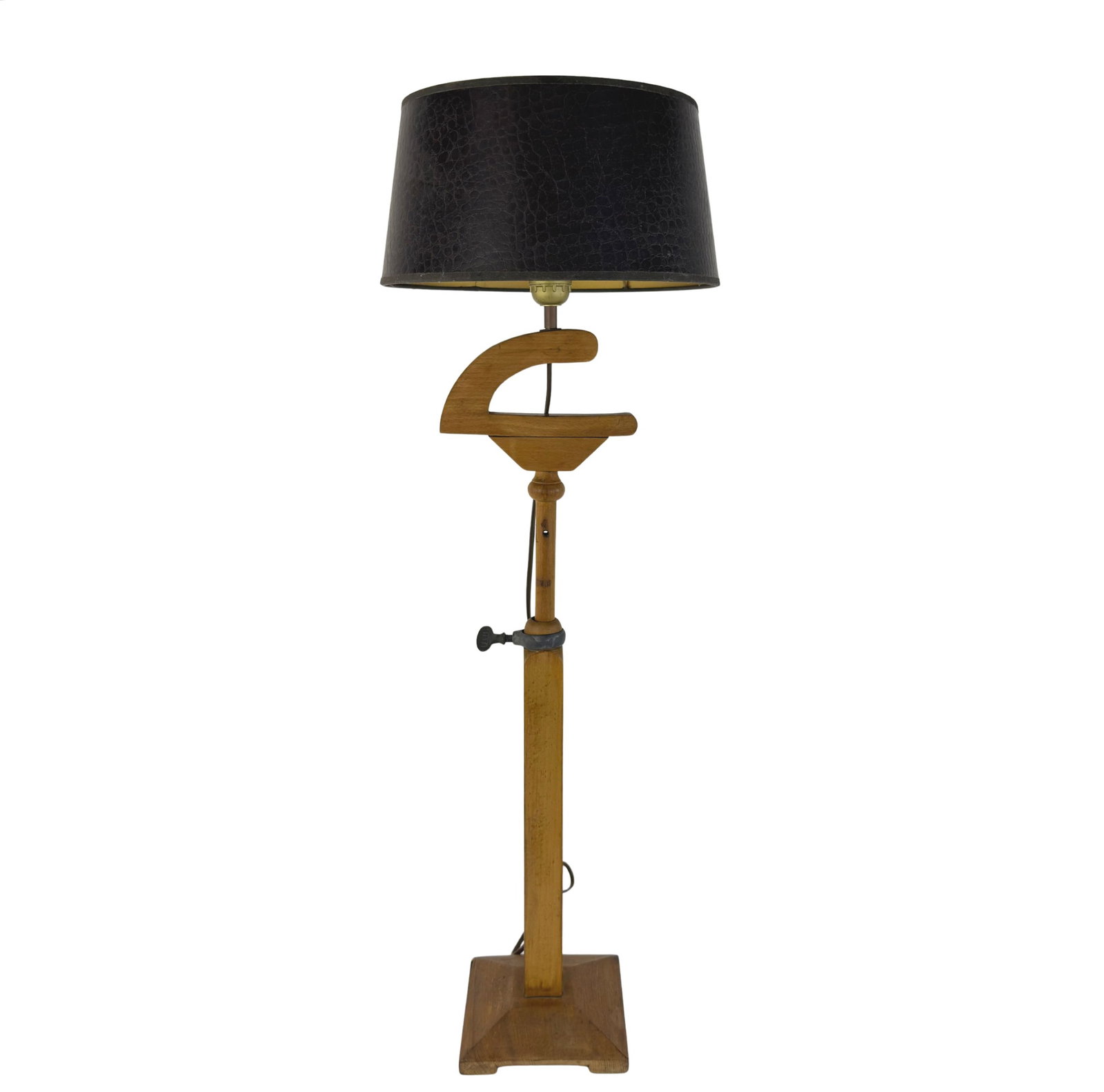 FRENCH ADJUSTABLE FLOOR LAMP: Dimensions: H 31” x W 6.7”. Vintage brutalist French adjustable floor lamp with wooden base and black lampshade. Dimensions are for the base.