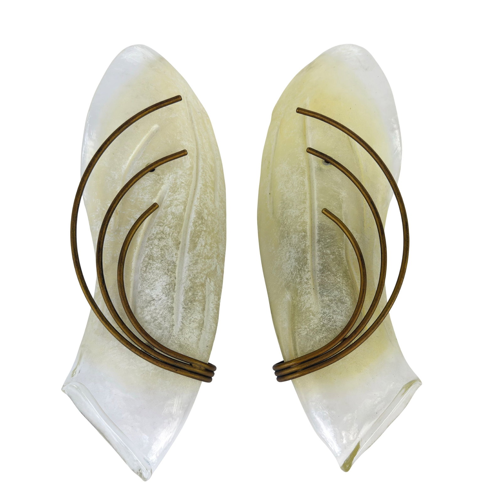 ROMA WALL SCONCES BY CLAUDIO SACCON, A PAIR: Dimensions: H 17.5” x W 5”. Pair of Vintage Italian Roma wall sconces designed by Claudio Saccon for Sillux with handmade glass shades.