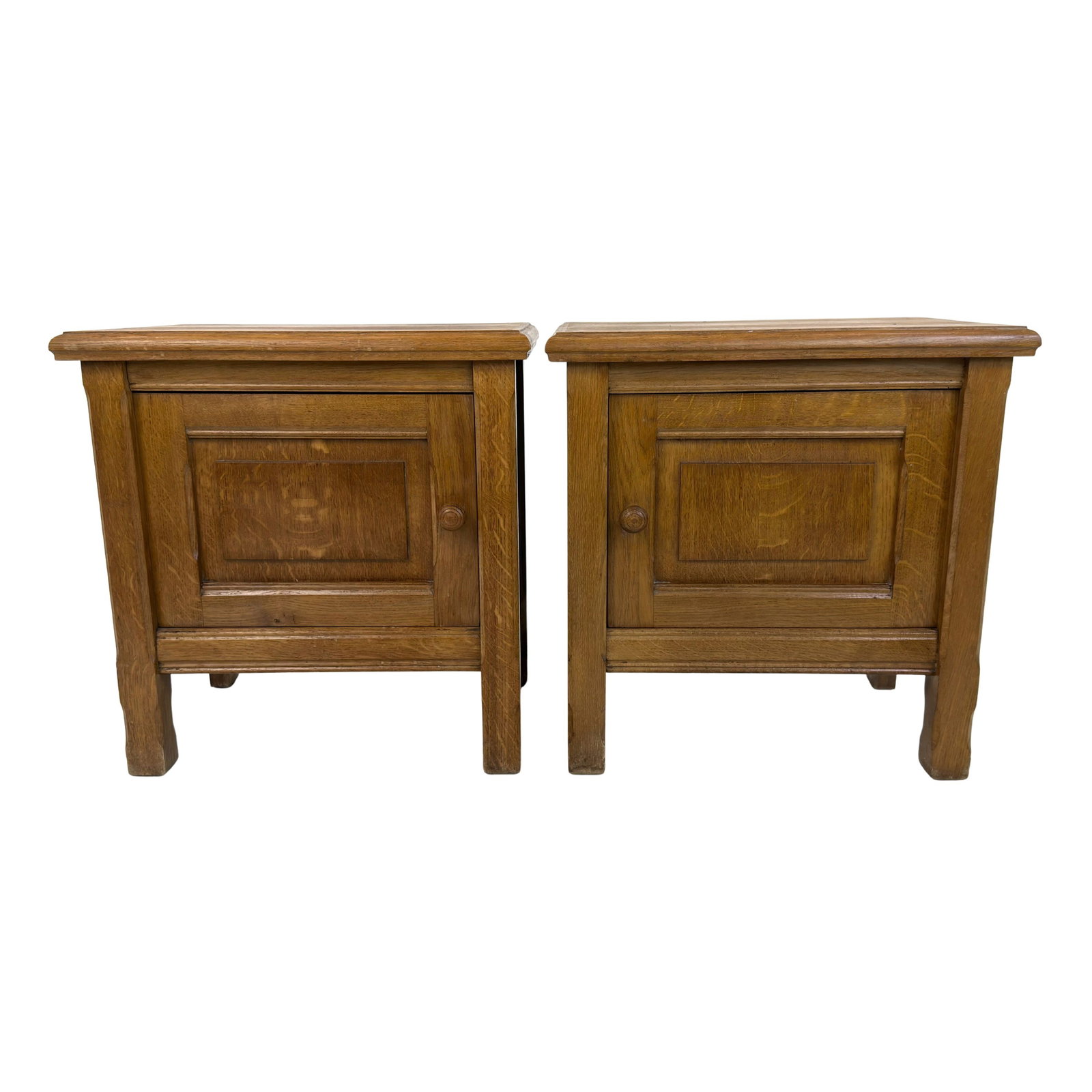 VINTAGE BEDSIDE TABLES, A PAIR: Dimensions: H 23” x W 22” x D 15.5”. Pair of Vintage European oak bedside tables, each one with a single cupboard with round wooden handle.