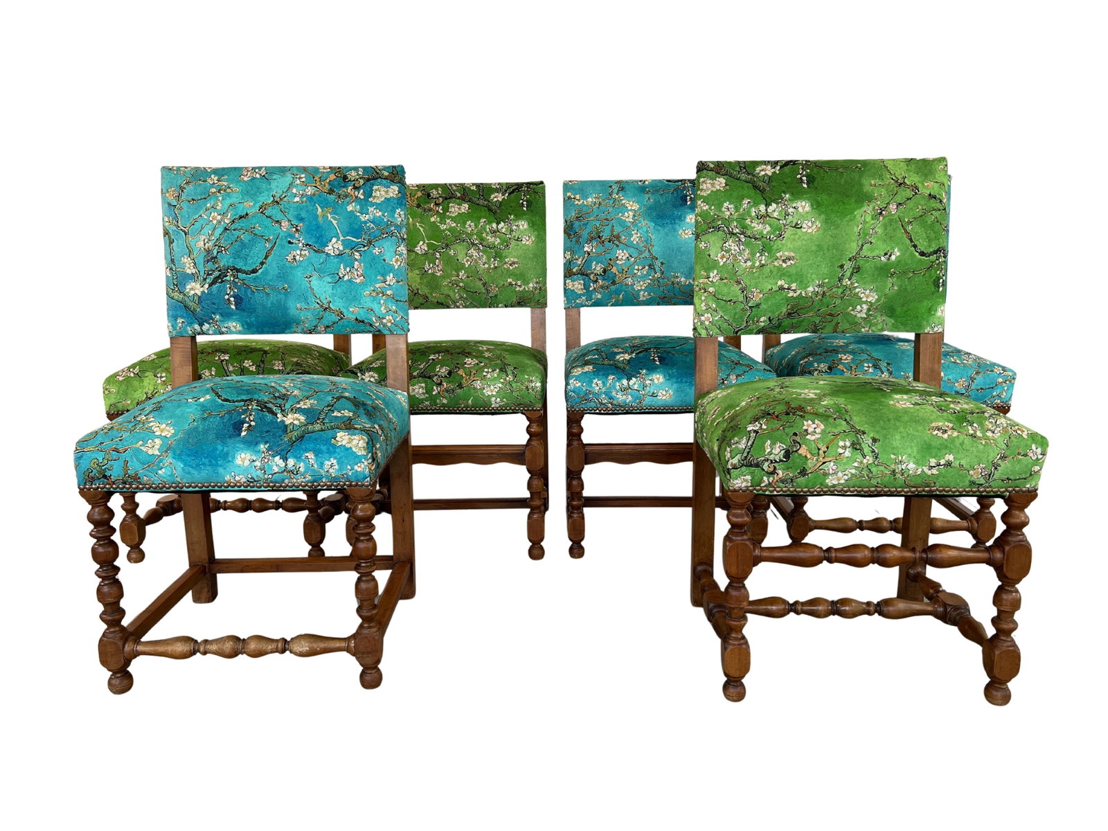 (6) LOUIS XIII STYLE DINING CHAIRS: Dimensions: H 37.5” x W 19.5” x D 20” x SH 20.5”. Set of 6 Louis XIII dining chairs in original Chinoiserie style upholstery. Three of the chairs are in green, the other three
