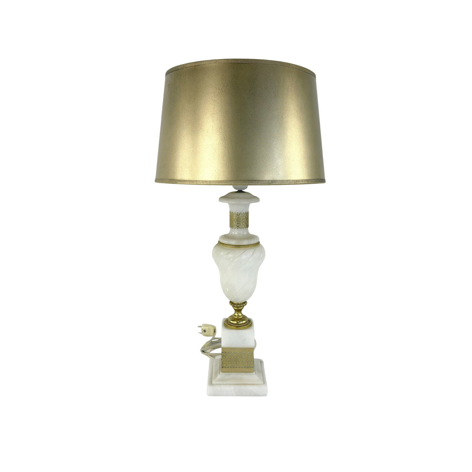 NEOCLASSICAL STYLE MARBLE TABLE LAMP: Dimensions: H 19.5” x W 5”. Neoclassical style marble and brass table lamp with gold lampshade. Dimensions are for the base.