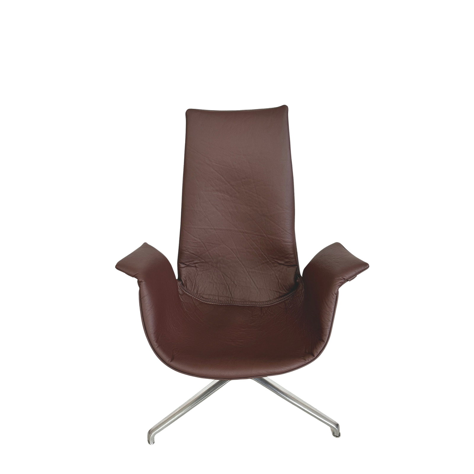 FABRICIUS & KASTHOLM LEATHER CHAIR, 1960s: Dimensions: H 41.5” x W 31” x SD 17” x SH 17”. Vintage brown leather swivel tulip chair designed by Preben Fabricius & Jorgen Kastholm for Walter Knoll.