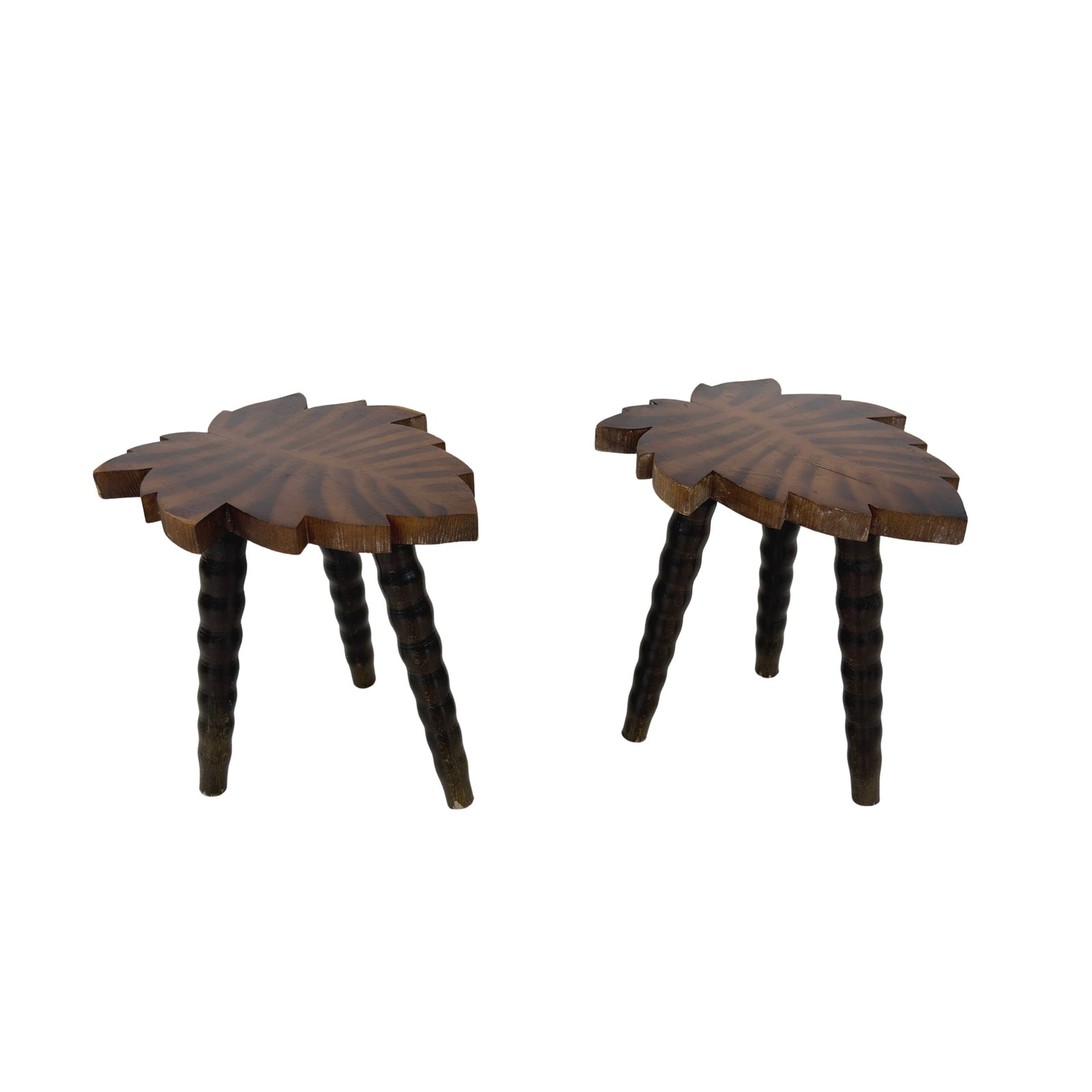 FRENCH TRIPOD STOOLS, A PAIR: Dimensions: H 15” x W 14.5” x D 12”. Pair of Vintage Rustic tripod stools with leaf-shaped carved seat.