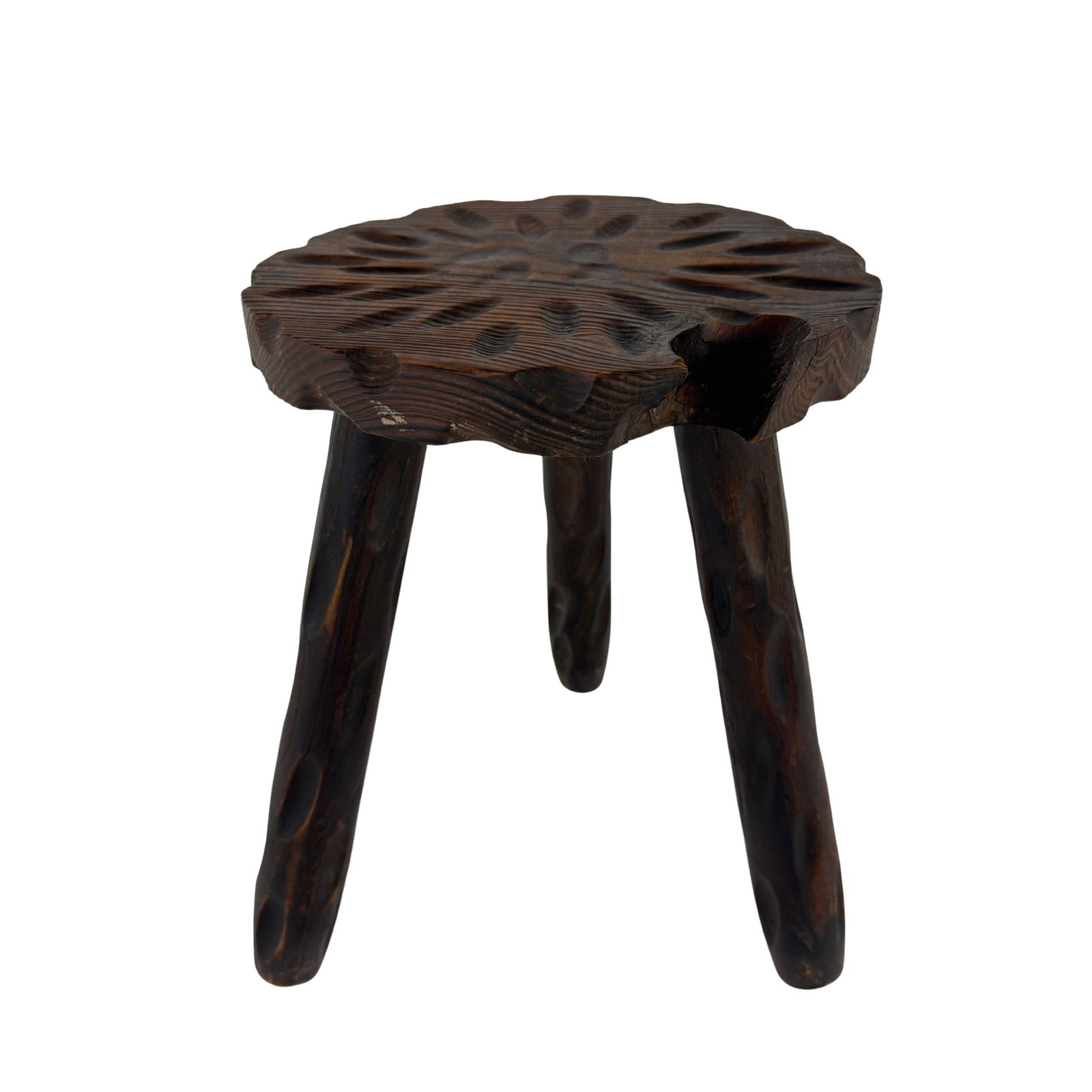 BRUTALIST TRIPOD STOOL: Dimensions: H 14.5” x W 10”. Vintage hand carved wooden tripod stool.