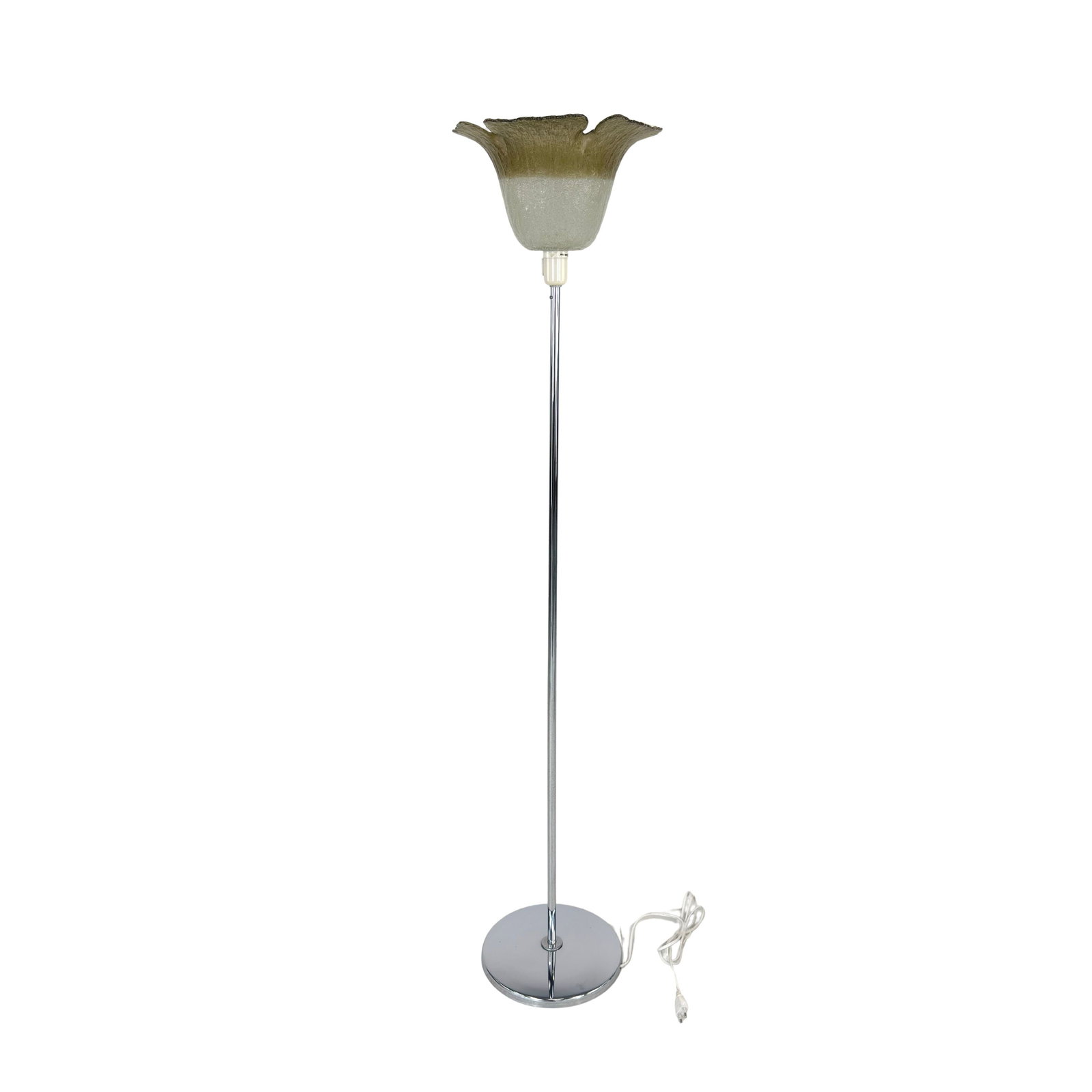 MURANO FLOOR LAMP: Dimensions: H 58.3” x W 10.7”. Vintage floor lamp with Murano glass flower chandelier with chrome metal stand.