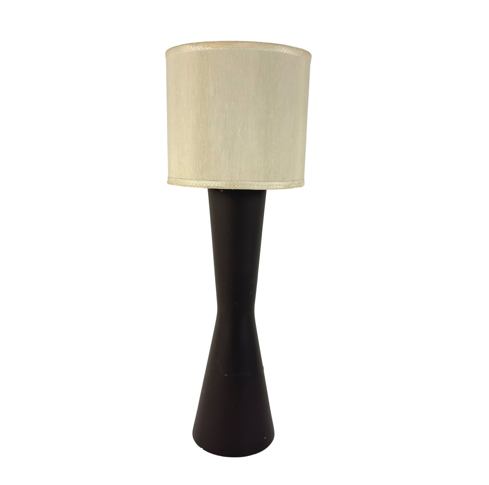 ITALIAN TABLE LAMP BY NATUZZI: Dimensions: H 22.5” x W 6.3”. Vintage Italian table lamp by Natuzzi with dark brown base and light beige fabric lampshade. Dimensions are for the base.