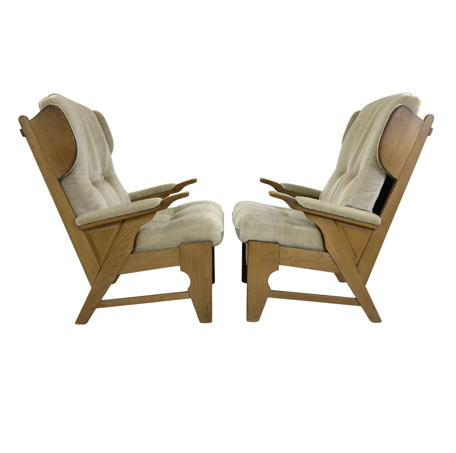 SCANDINAVIAN LOUNGE CHAIRS, A PAIR: Dimensions: H 39.5” x W 24.7" x D 34.5” x SH 21 ”. Pair of Vintage Scandinavian lounge chairs with original beige soft fabric loose padded cushions and wingback-style side, 1970S.