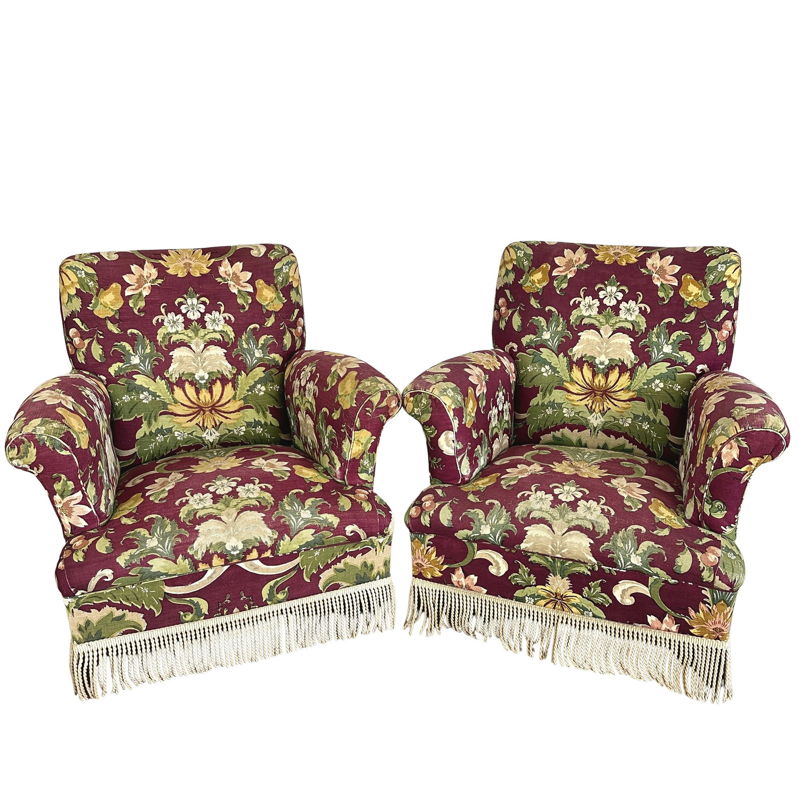 NAPOLEON III STYLE ARMCHAIRS, A PAIR: Dimensions: H 31” x W 31” x D 28” x SH 16”. Pair of Vintage French Napoleon III style armchairs with original floral upholstery with fringes.