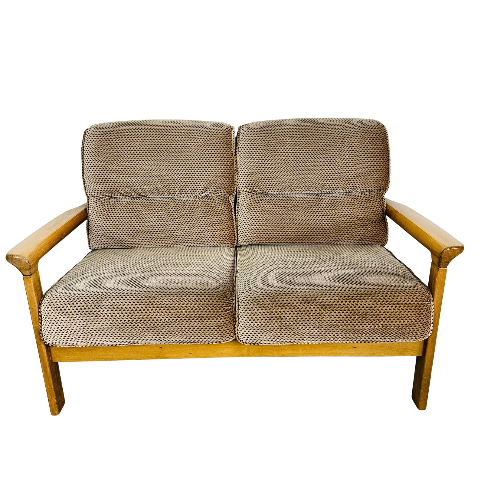 SCANDINAVIAN TWO-SEATER SOFA, 1970s: Dimensions: H 32.5” x W 51.5” x D 29.5” x SH 17”. Vintage Scandinavian two-seater sofa upholstered in original brown/gold velvet upholstery.
