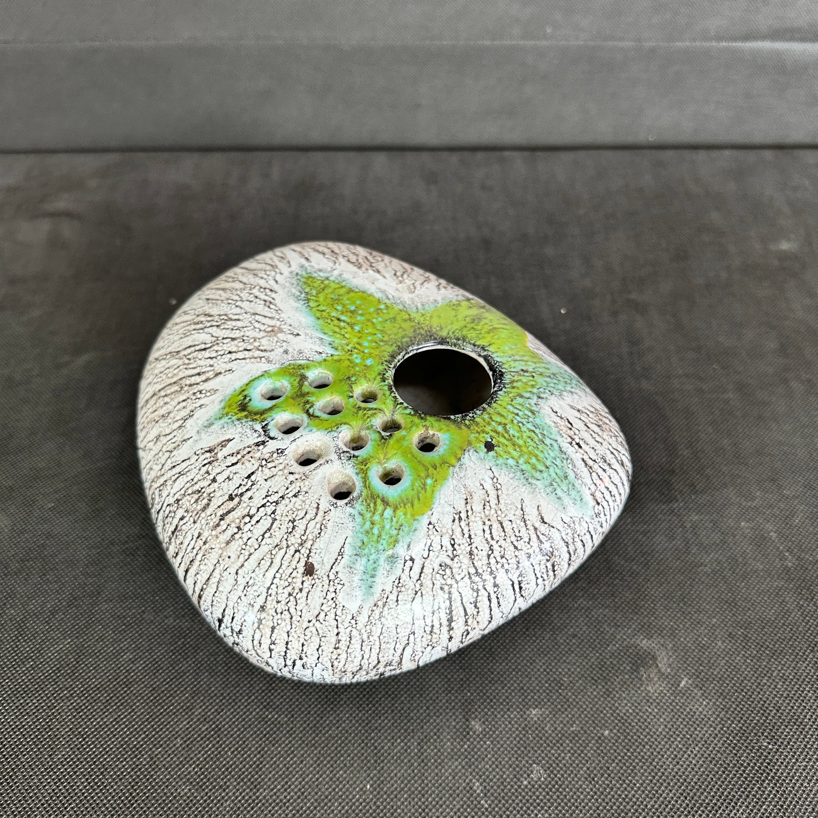 VINTAGE EUROPEAN IKEBANA VASE: Dimensions: H 3" x W 6.7" x D 6". Vintage handmade glazed ceramic Ikebana vase.