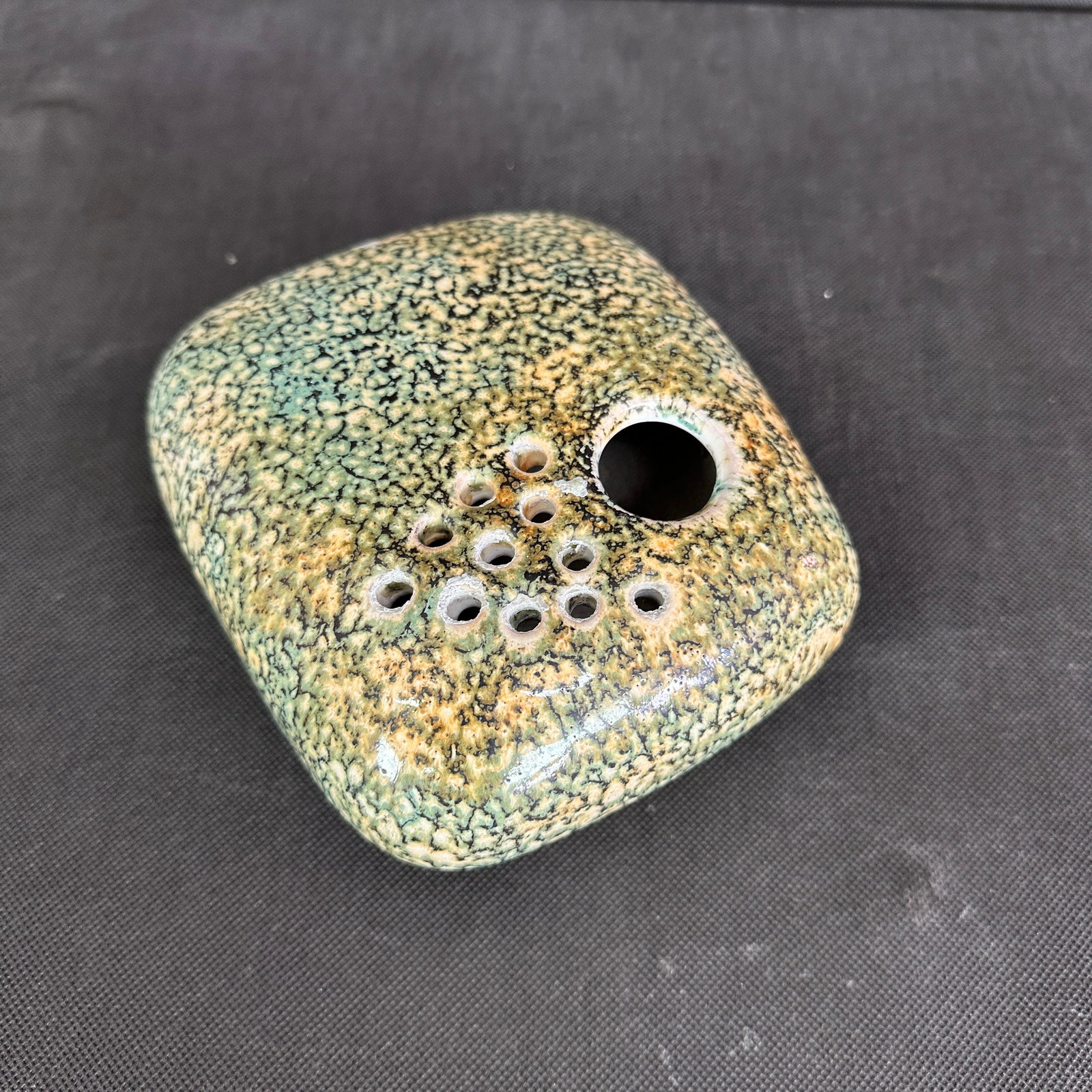 VINTAGE IKEBANA VASE: Dimensions: H 2.5" x W 6" x D 5.3". Vintage handmade glazed ceramic Ikebana vase.