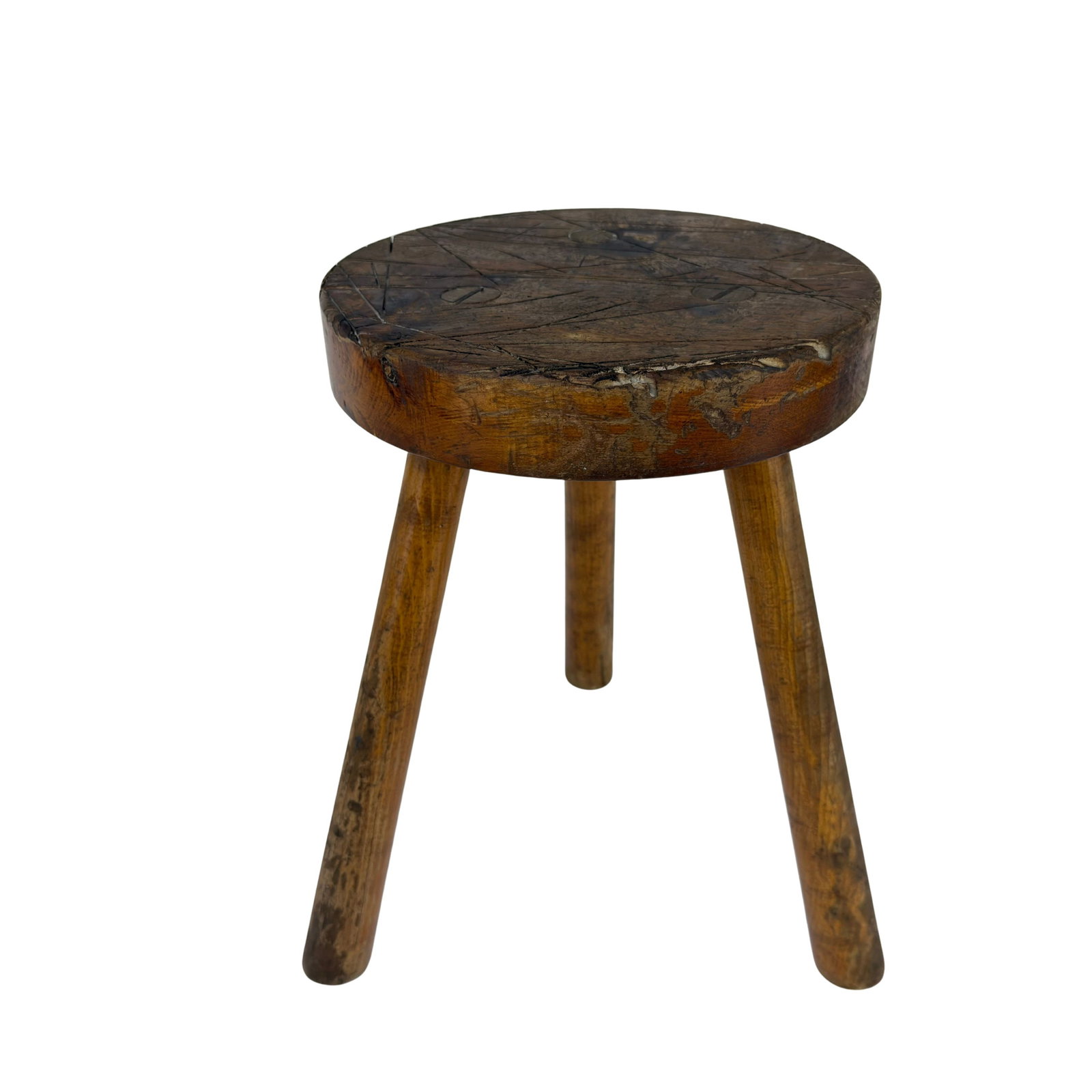 RUSTIC TRIPOD STOOL: Dimensions: H 17.7” x W 11.7”. Vintage Rustic brutalist wooden tripod stool.