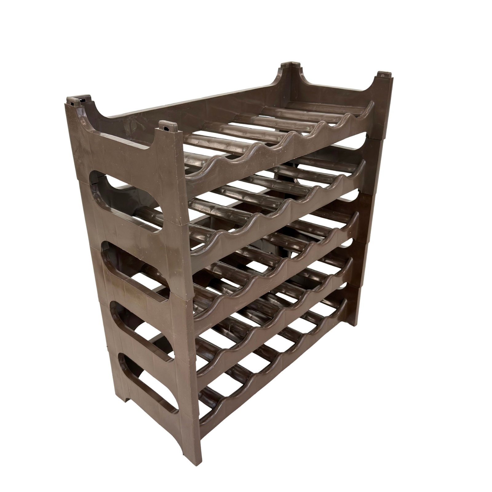 VINTAGE STACKABLE BOTTLE RACK: Dimensions: H 26.7” x W 23.5” x D 10.3”. Vintage stackable brown plastic bottle rack with multiple tiers.