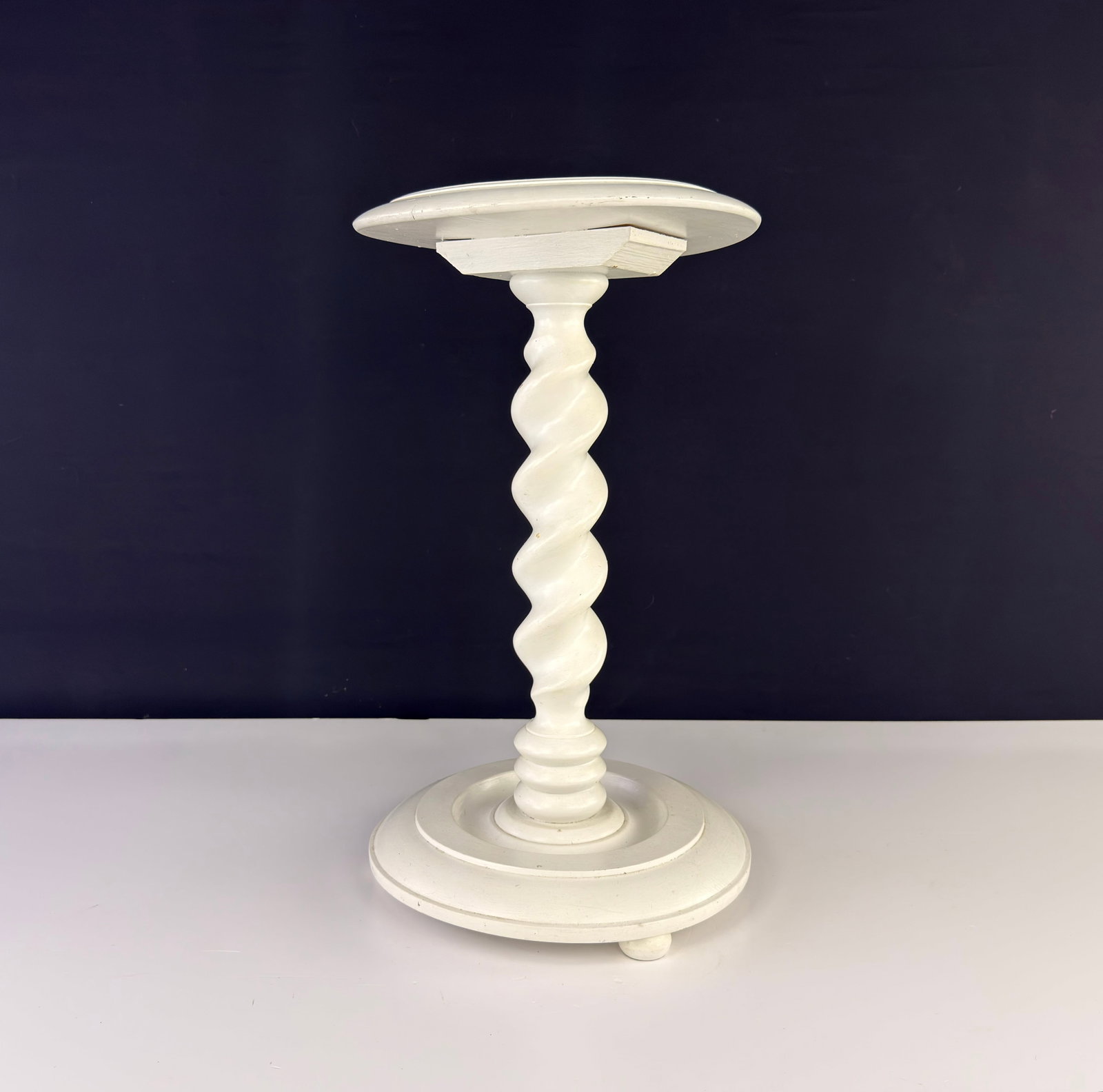 VINTAGE WOODEN PLANT STAND: Dimensions: H 19.7” x W 11.5”. Vintage French white painted wooden plant stand.