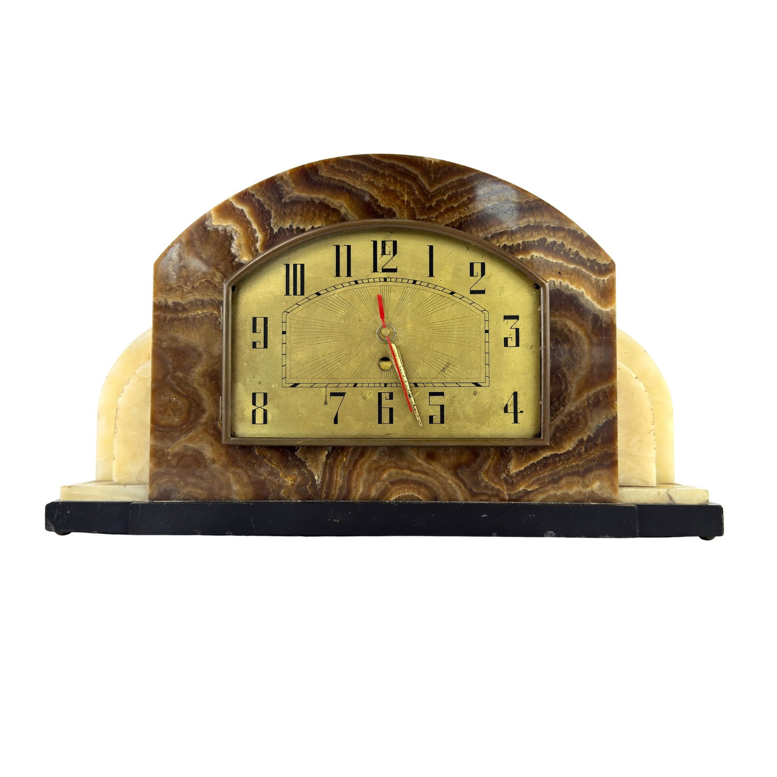 ART DECO MARBLE MANTEL CLOCK: Dimensions: H 10.3” x W 17.7”. Vintage Art Deco marble and onyx mantel clock.