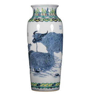 An elephant-leg vase colorful buffalo paintings & poems inscribed with Kangxi period: An elephant-leg vase colorful buffalo paintings & poems inscribed with Kangxi period Size: height 43cm, diameter 14cm