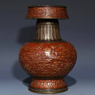 Qianlong lacquer red, gilt and silver embossed Baba vase with eight treasures pattern: Qianlong lacquer red, gilt and silver embossed Baba vase with eight treasures pattern, height 27cm, diameter 20cm