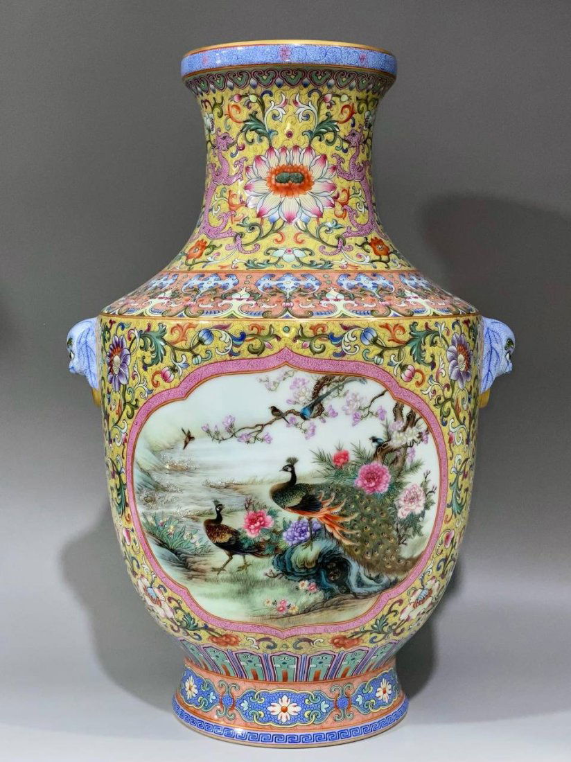 Made in the Qianlong Period, yellow ground with phoenix grass and lotus with dragon pattern: Made in the Qianlong Period, yellow ground with phoenix grass and lotus with dragon pattern, red phoenix grass with bat shoulders, emerald-colored ruyi with gold border, peacock, peony, bamboo and pea