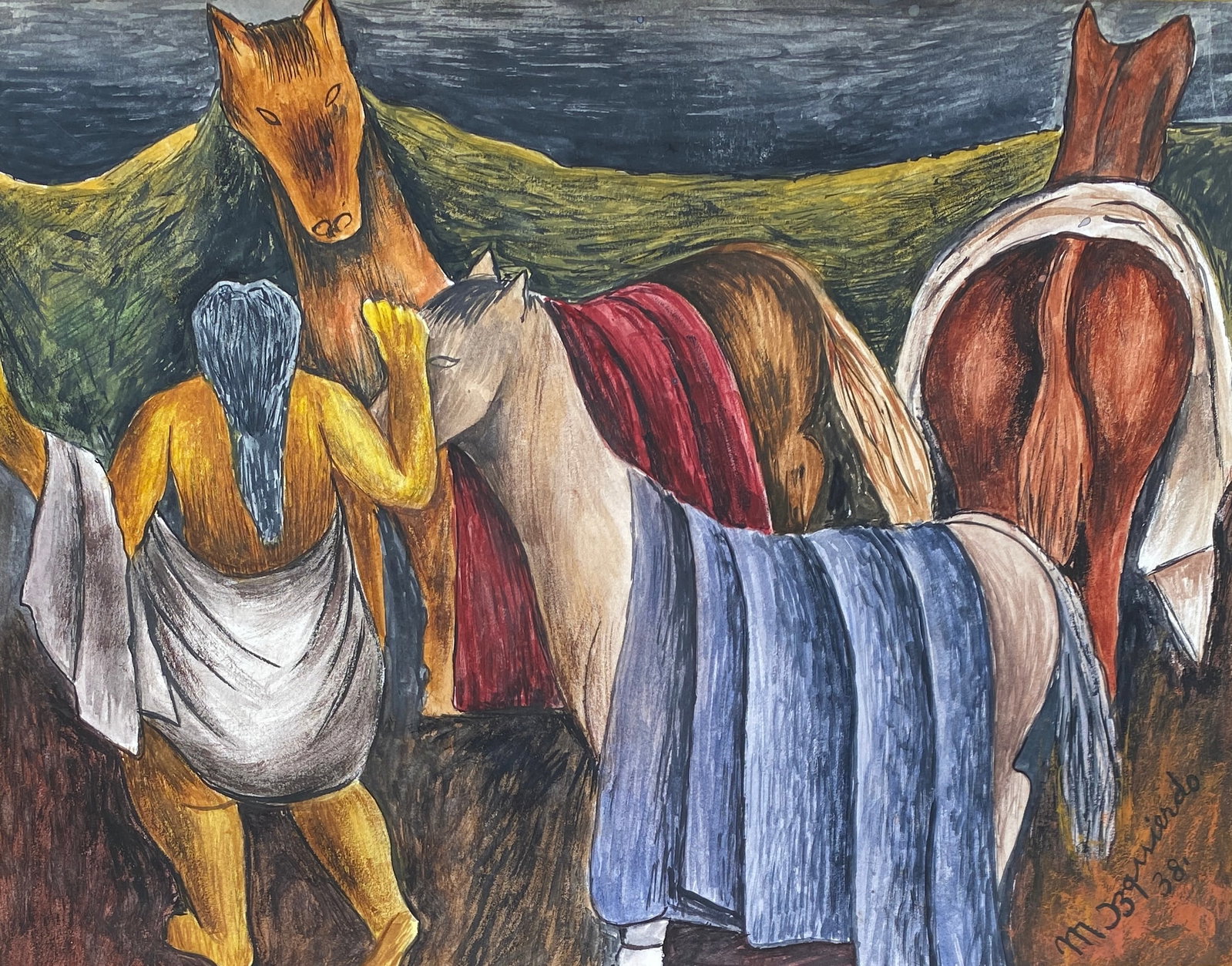 Maria Izquierdo (Gouache on paper) "in the style of": This lot consists of a hand painted Gouache on Paper rendered in the style of the Mexican painter María Izquierdo. María Izquierdo was a Mexican painter. She is known for being the first Mexican wom