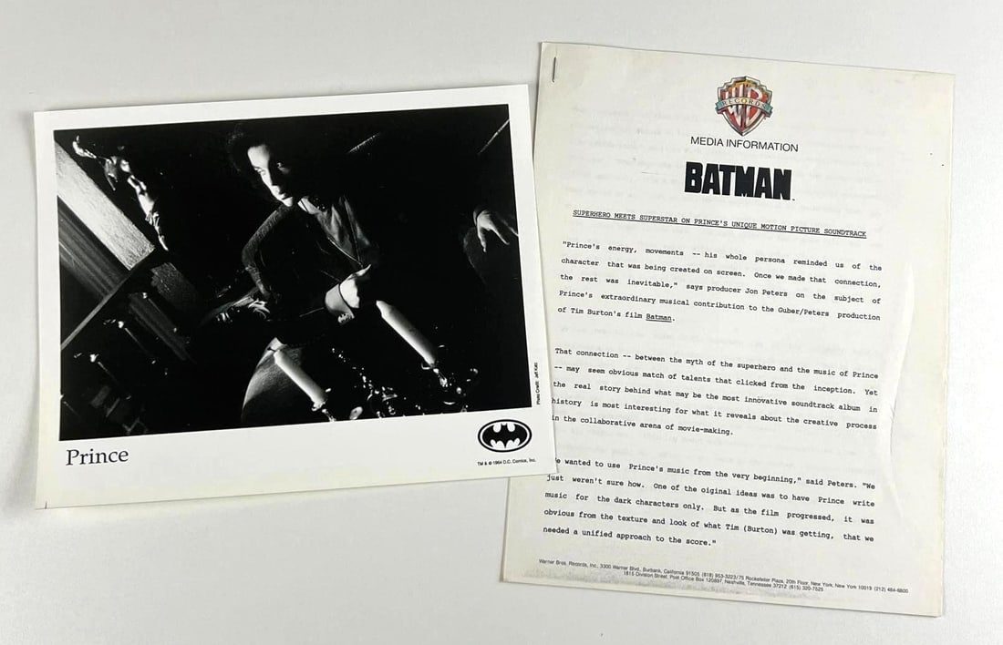Prince Vintage Original "Batman" Photo & Press Release: Vintage original 10" x 8" black and white photo by Jeff Katz of Prince for "Batman." Accompanied by an original 4-page press kit publication raving over Prince's music contributions to Tim Burton