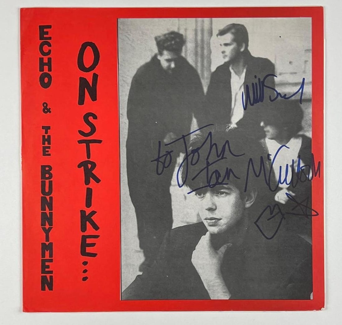 Echo & The Bunnymen: McCulloch & Sergeant Dual-Signed "On Strike" Album (Beckett/BAS): “On Strike...” album signed on the cover in blue felt tip by two members of Echo & The Bunnymen: Ian McCulloch, who adds, "Yo John," and Will Sergeant. In fine condition. Record is include