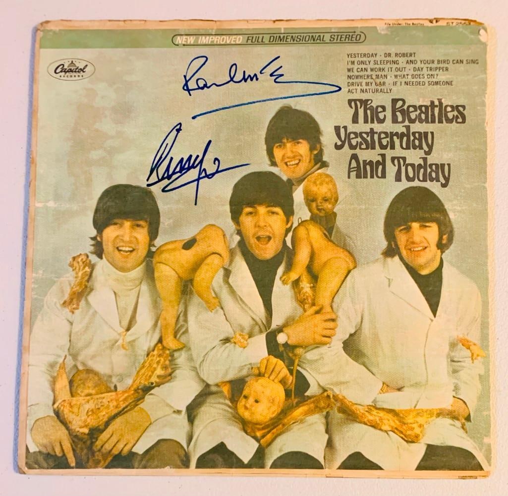Beatles: McCartney & Starr Dual-Signed "Yesterday & Today "Butcher" Cover Album (JSA Authentication): Incredible Third State “Yesterday & Today” "Butcher" Cover album signed on the front in bold blue felt tip marker by Paul McCartney and Ringo Starr. In very good condition, with