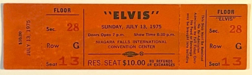 Elvis Presley Vintage Original July 13, 1975 Complete Concert Ticket (Rockology COA): Original complete orange ticket for Elvis Presley's July 13, 1975 concert when he performed at the Niagara Falls, International Convention Center. The 8:30PM Floor area Section 28, Row G, Se